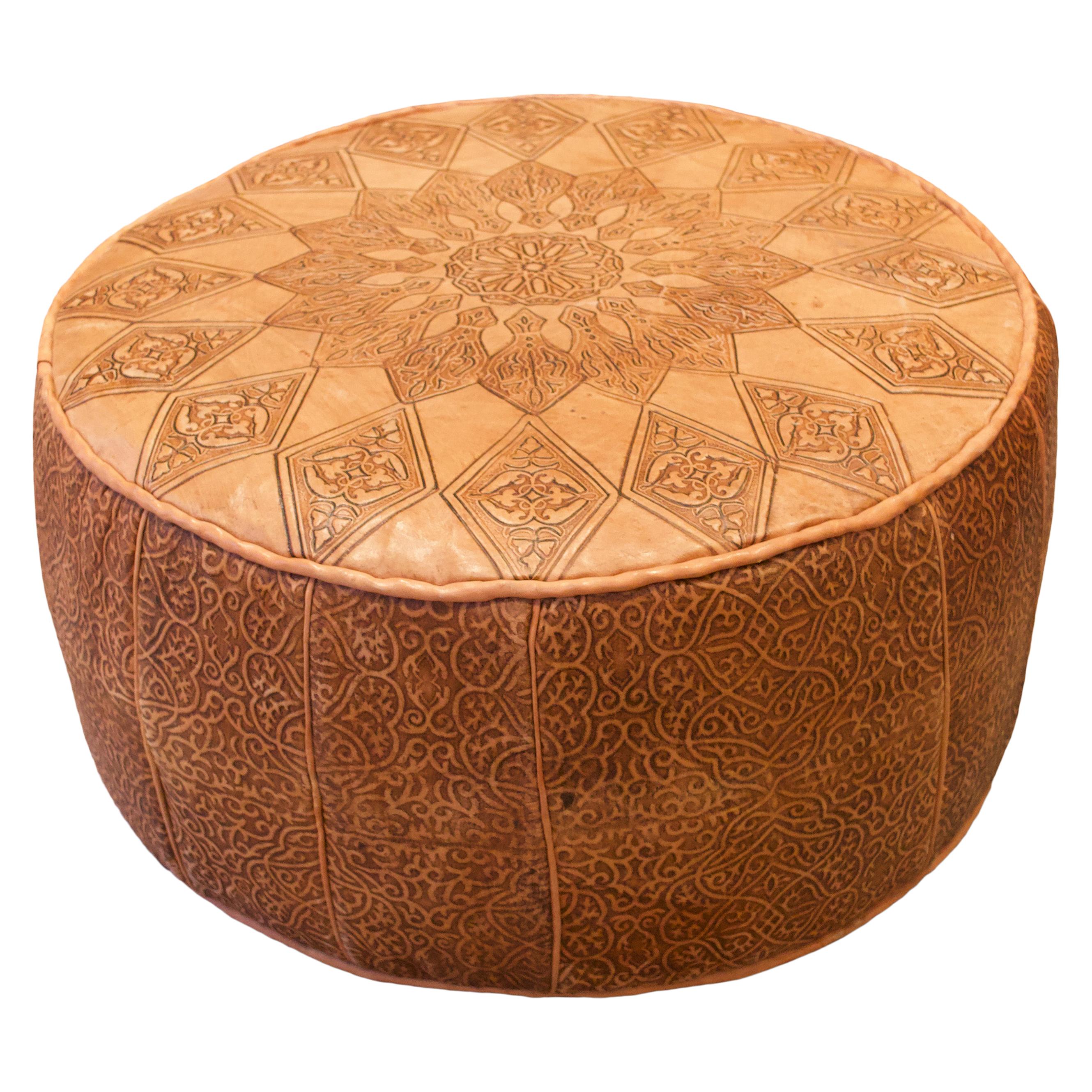 Engraved Leather Moroccan Pouf