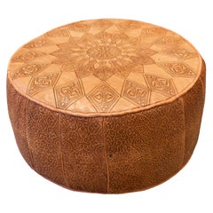 Vintage Engraved Leather Moroccan Pouf