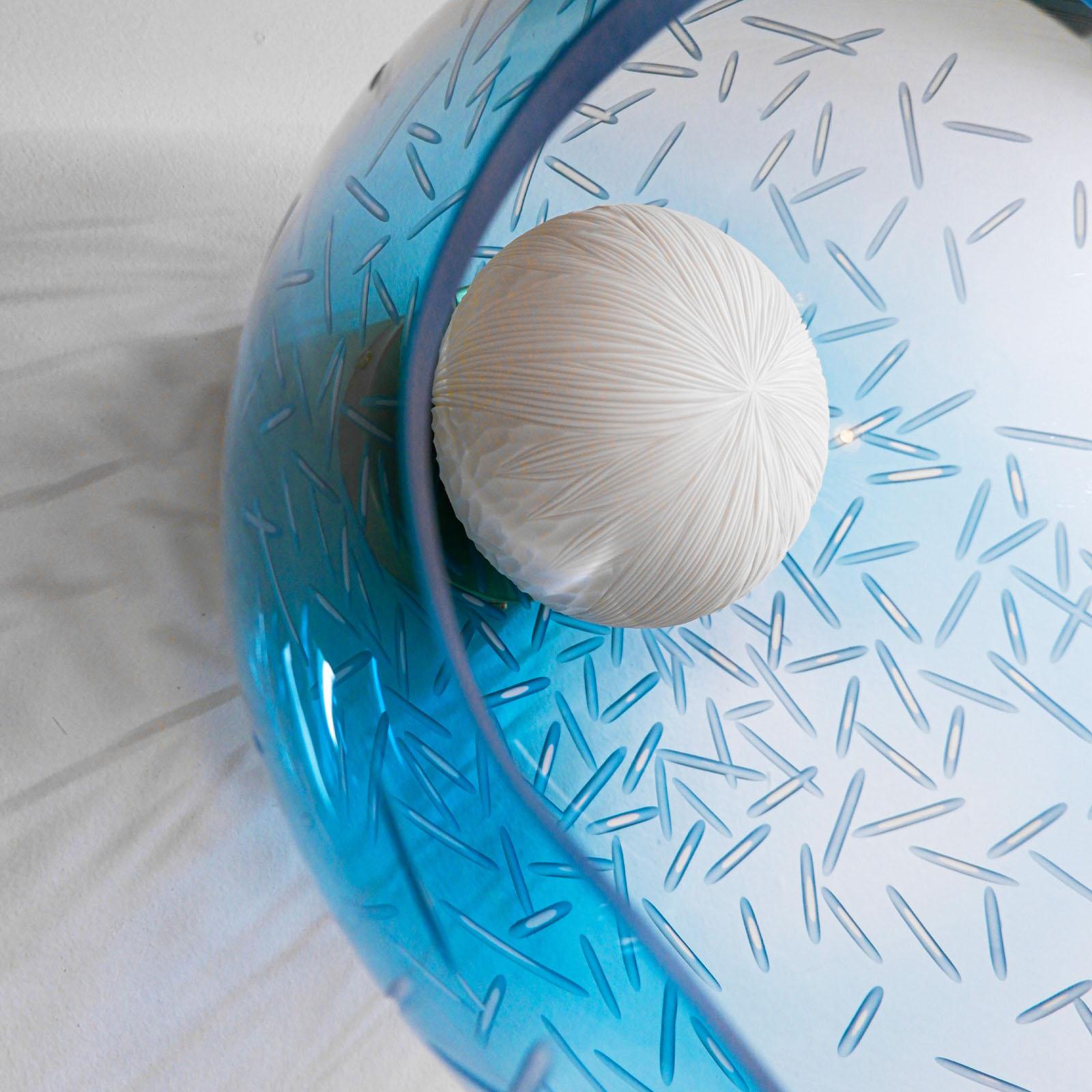English Engraved light blue blown glass, porcelain and brass sconce by Vezzini & Chen For Sale
