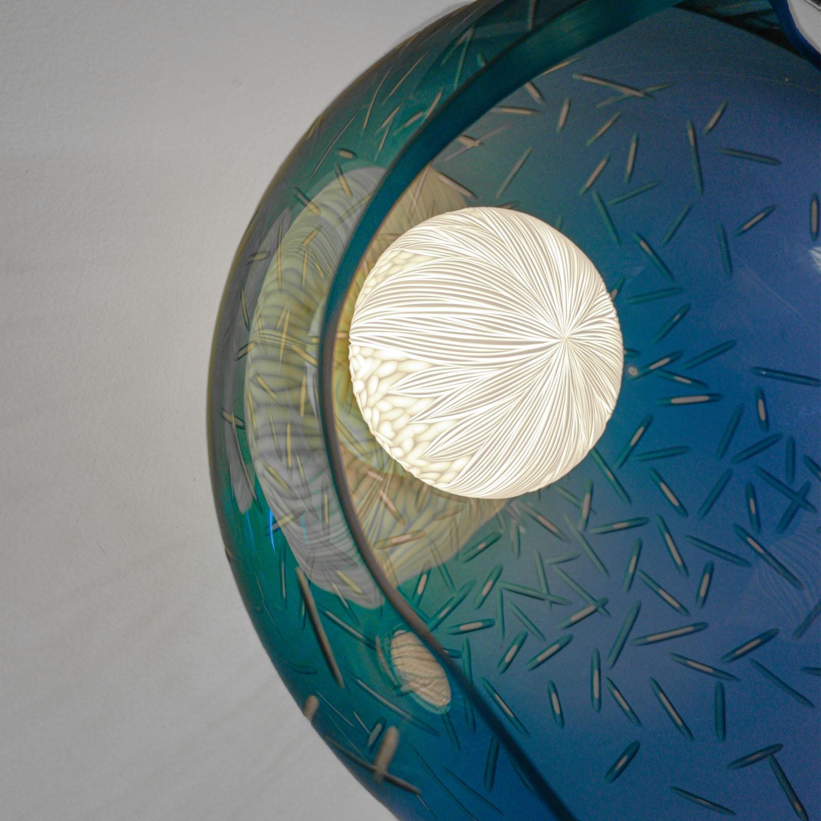 Contemporary Engraved light blue blown glass, porcelain and brass sconce by Vezzini & Chen For Sale
