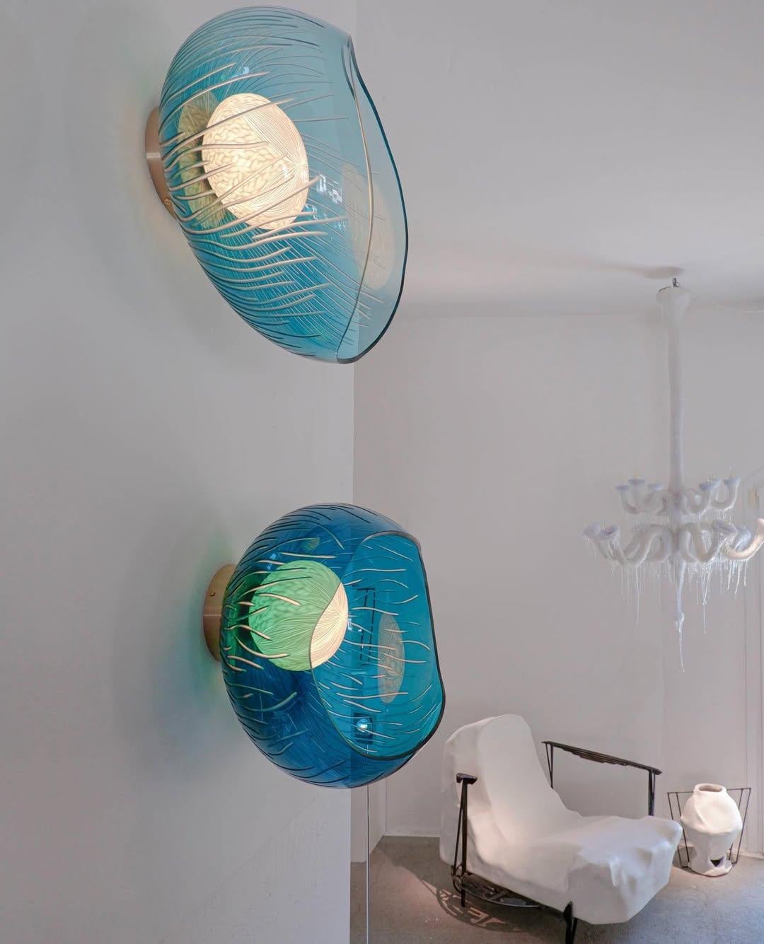 Engraved light blue blown glass, porcelain and brass sconce by Vezzini & Chen For Sale 2