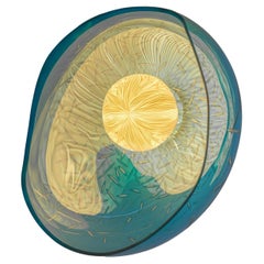 Engraved light blue blown glass, porcelain and brass sconce by Vezzini & Chen