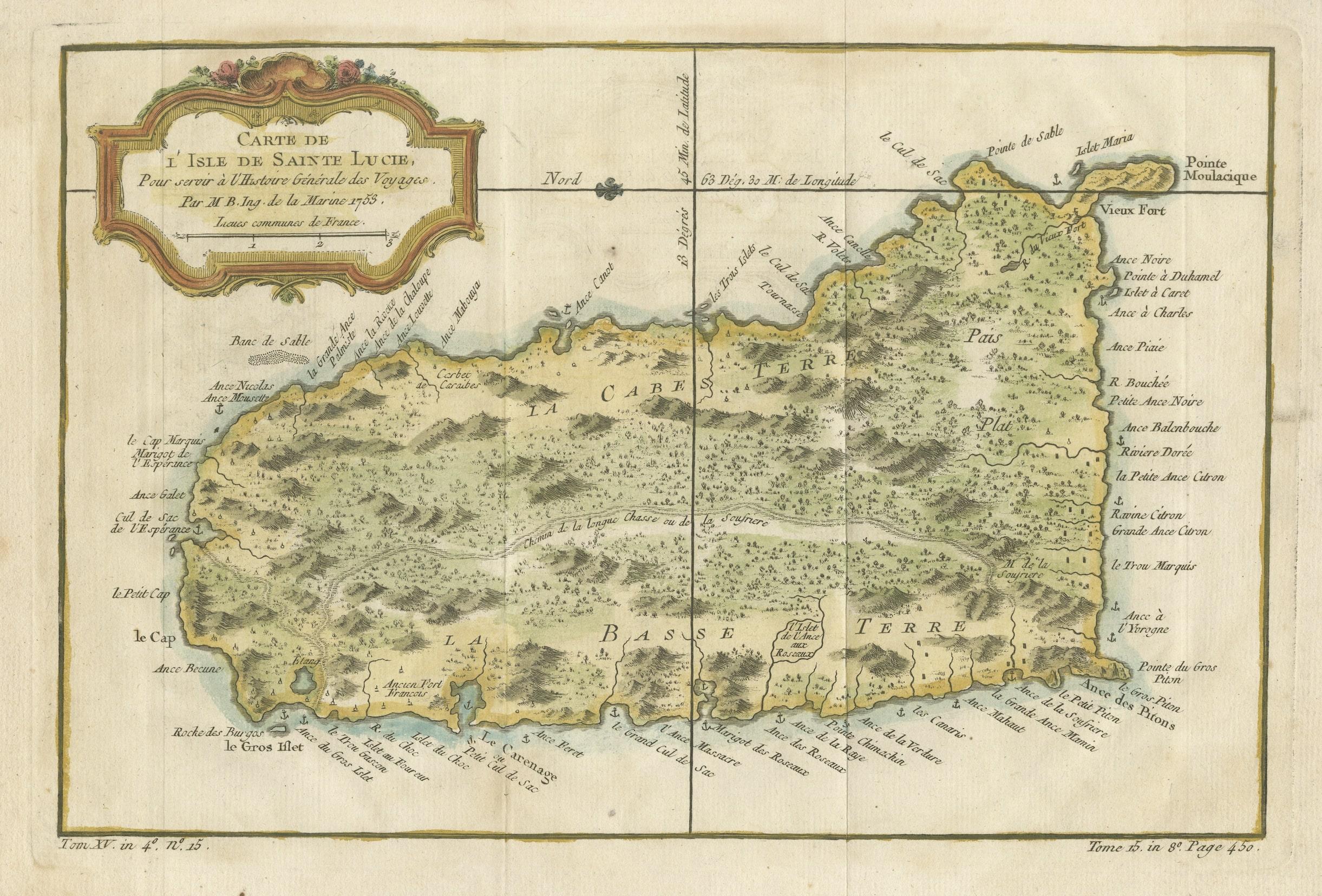 Engraved Map by Bellin of Saint Lucia or Sainte Lucie in the West Indies, 1764 In Good Condition For Sale In Langweer, NL