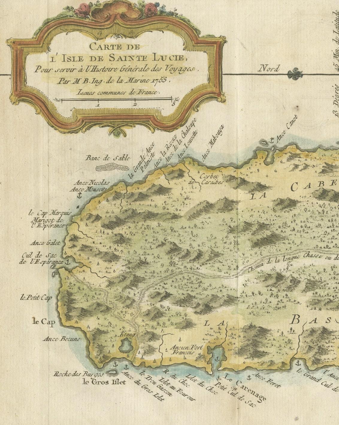 19th Century Engraved Map by Bellin of Saint Lucia or Sainte Lucie in the West Indies, 1764 For Sale