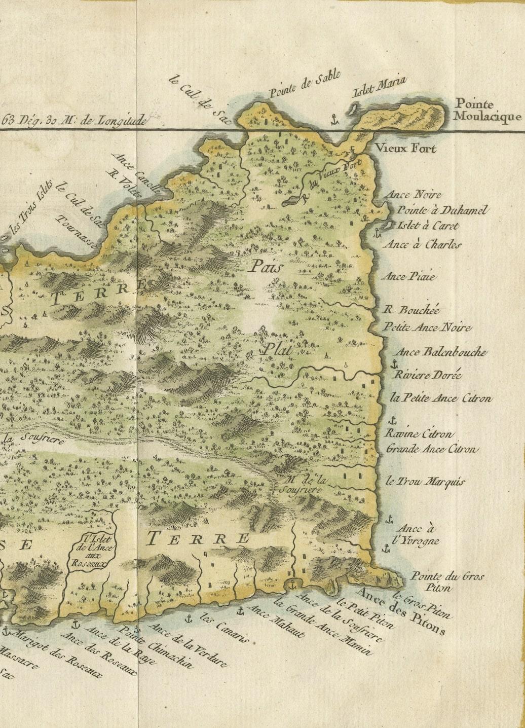 Paper Engraved Map by Bellin of Saint Lucia or Sainte Lucie in the West Indies, 1764 For Sale