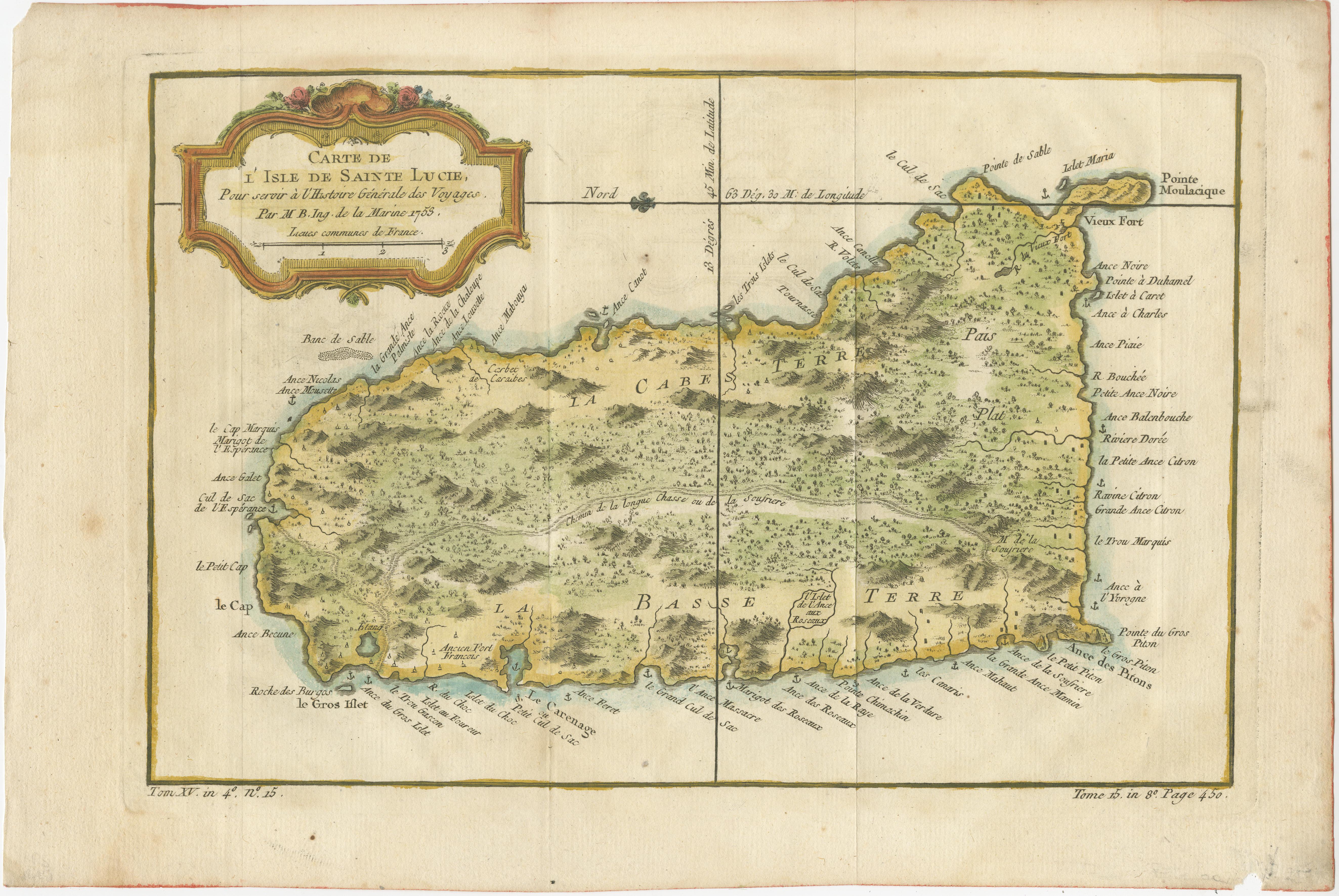 Engraved Map by Bellin of Saint Lucia or Sainte Lucie in the West Indies, 1764 1