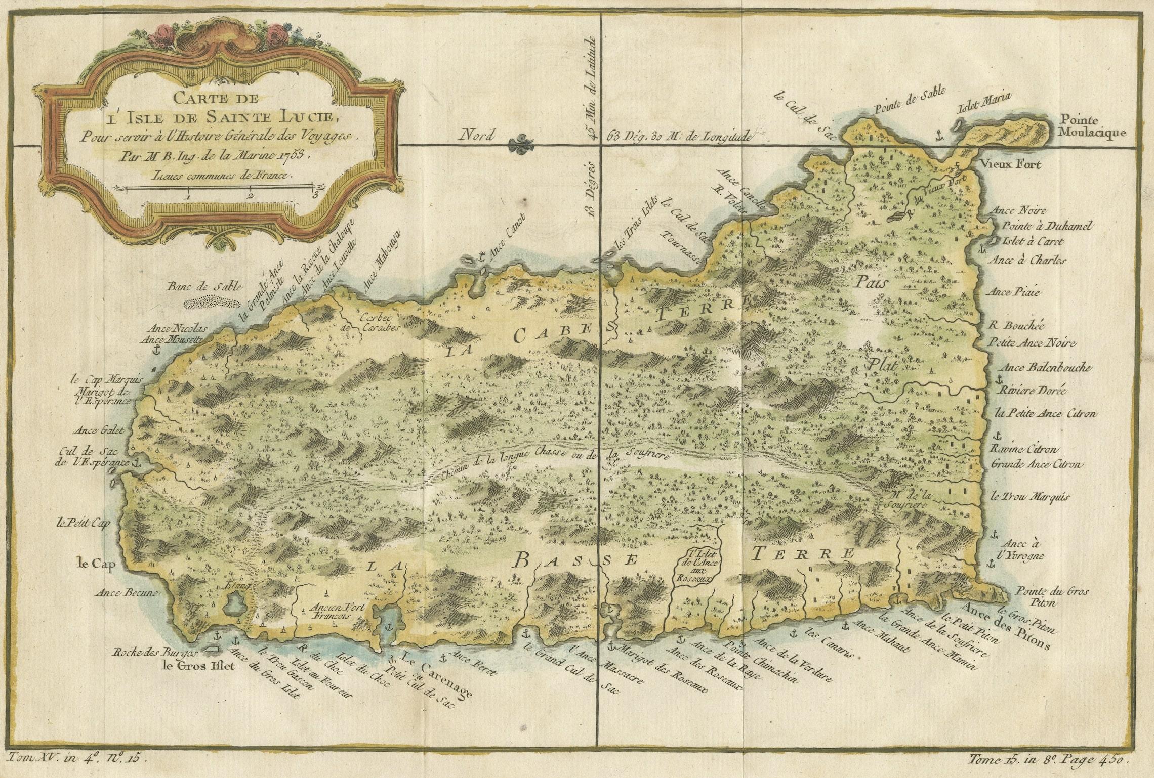 Engraved Map by Bellin of Saint Lucia or Sainte Lucie in the West Indies, 1764 2