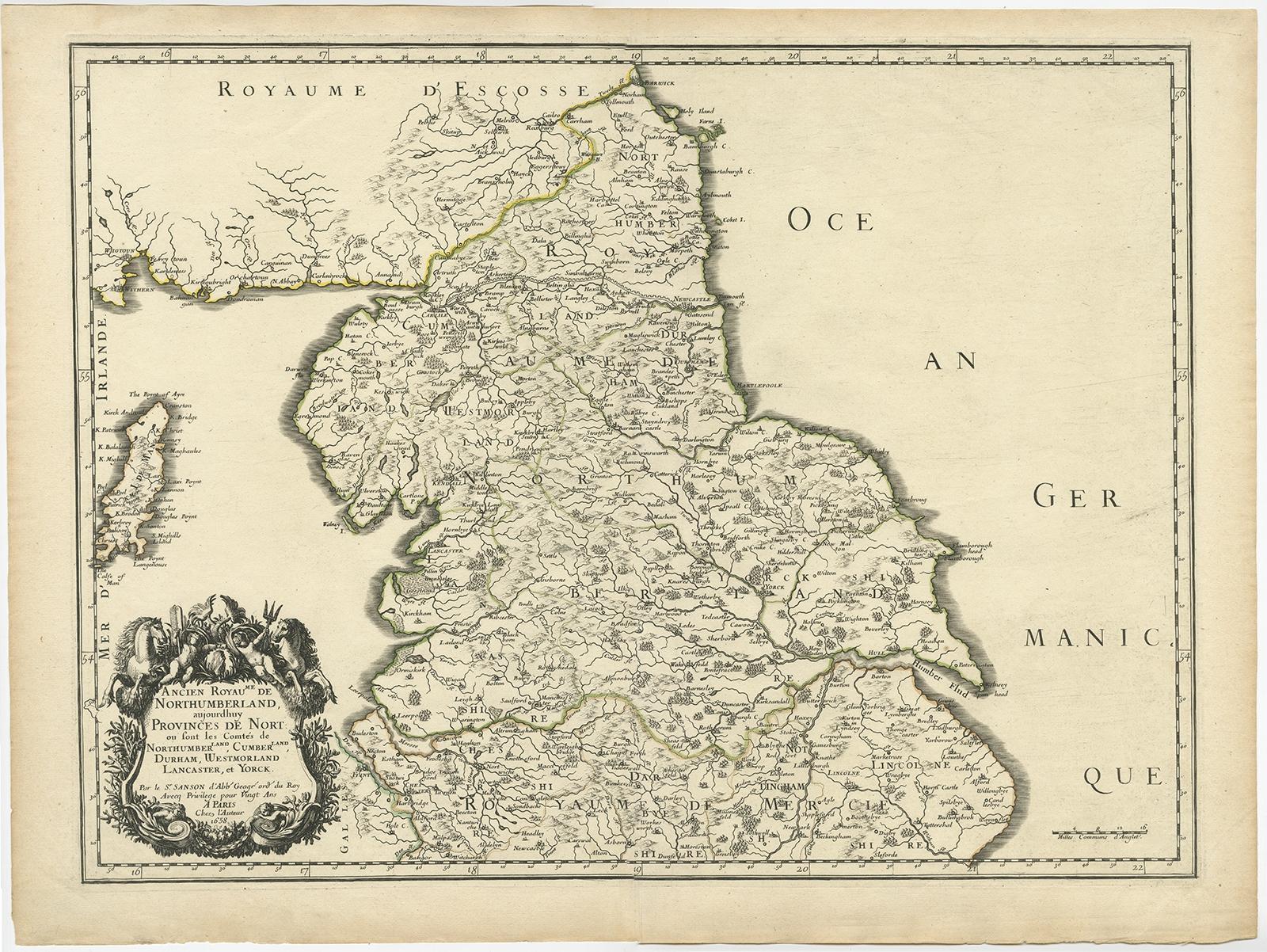 Antique map titled 'Ancien Royaume de Northumberland, aujourdhuy Provinces de Nort (..)'. 

Engraved map of northern England, focusing on Northumberland. 

Artists and Engravers: Nicholas Sanson (1600-1667) is considered the father of French