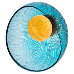 Engraved medium blue blown glass, porcelain and brass sconce by Vezzini & Chen