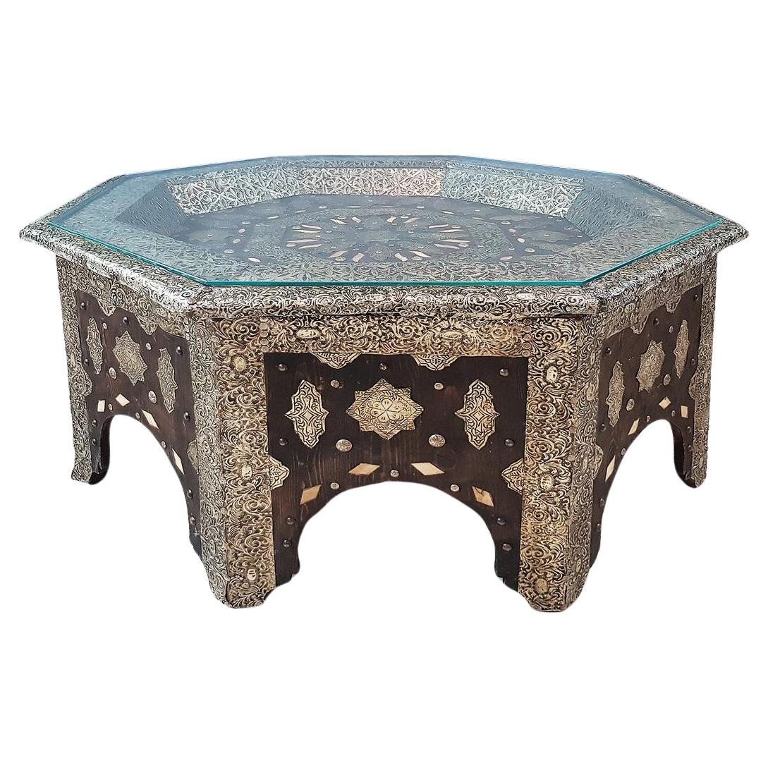 Engraved Metal Wooden Moroccan Octagonal Coffee Table With Glass Top