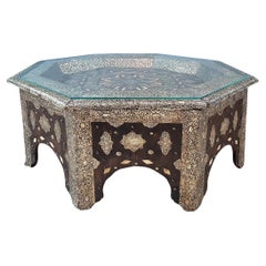 Antique Engraved Metal Wooden Moroccan Octagonal Coffee Table With Glass Top