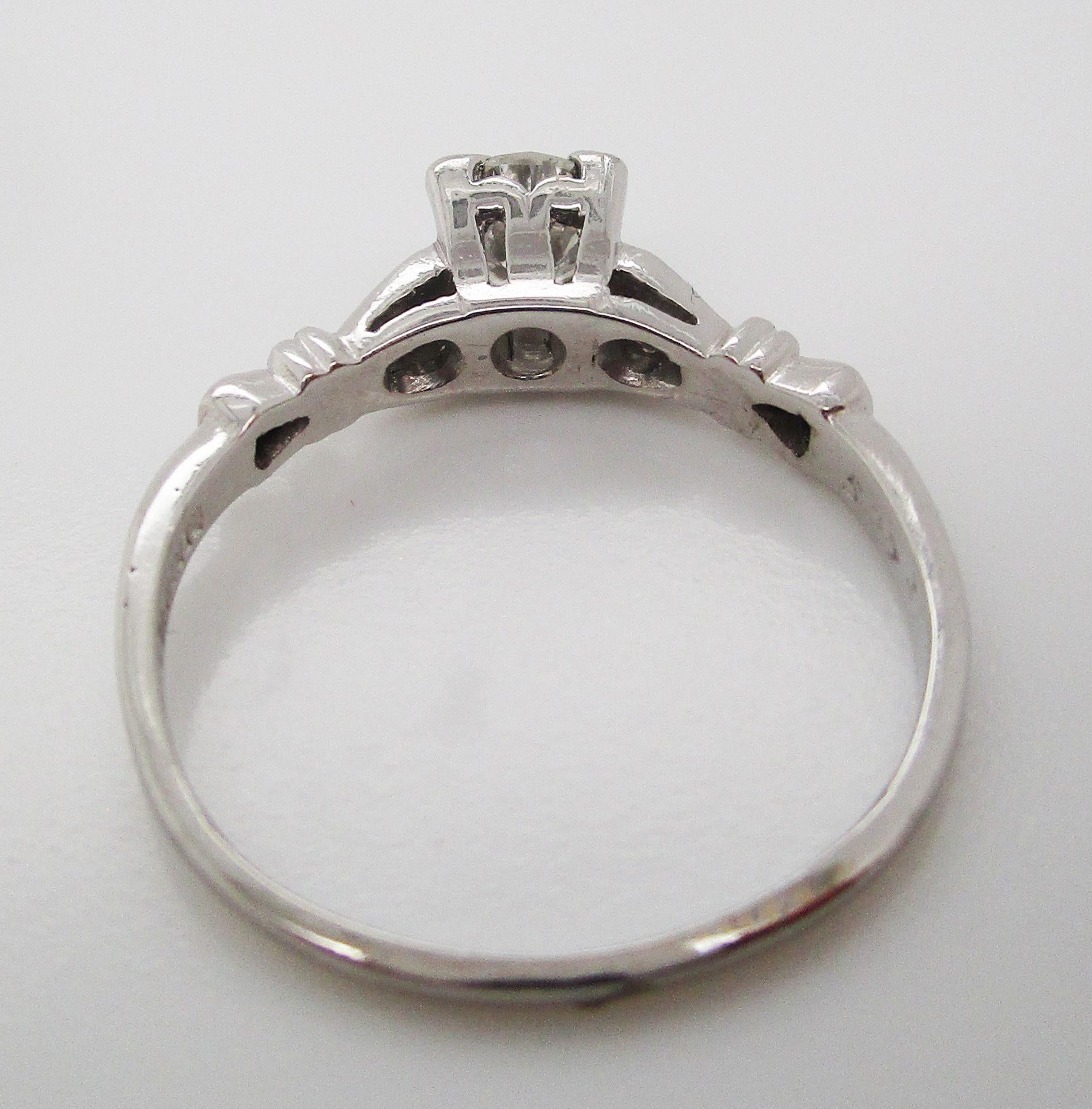 Engraved Mid-Century Platinum Diamond Engagement Ring For Sale 2