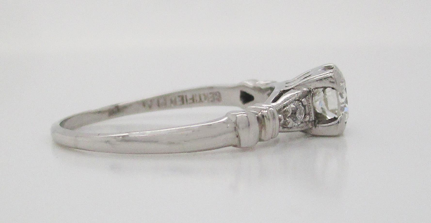 Engraved Mid-Century Platinum Diamond Engagement Ring In Excellent Condition For Sale In Lexington, KY