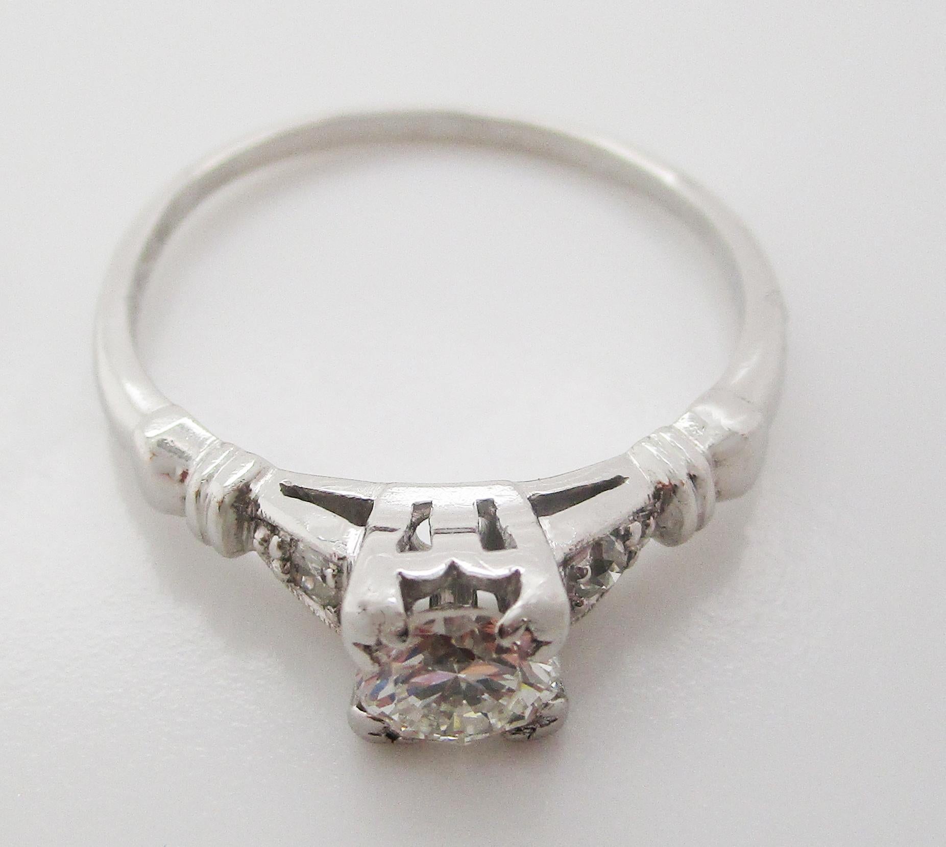Engraved Mid-Century Platinum Diamond Engagement Ring For Sale 1