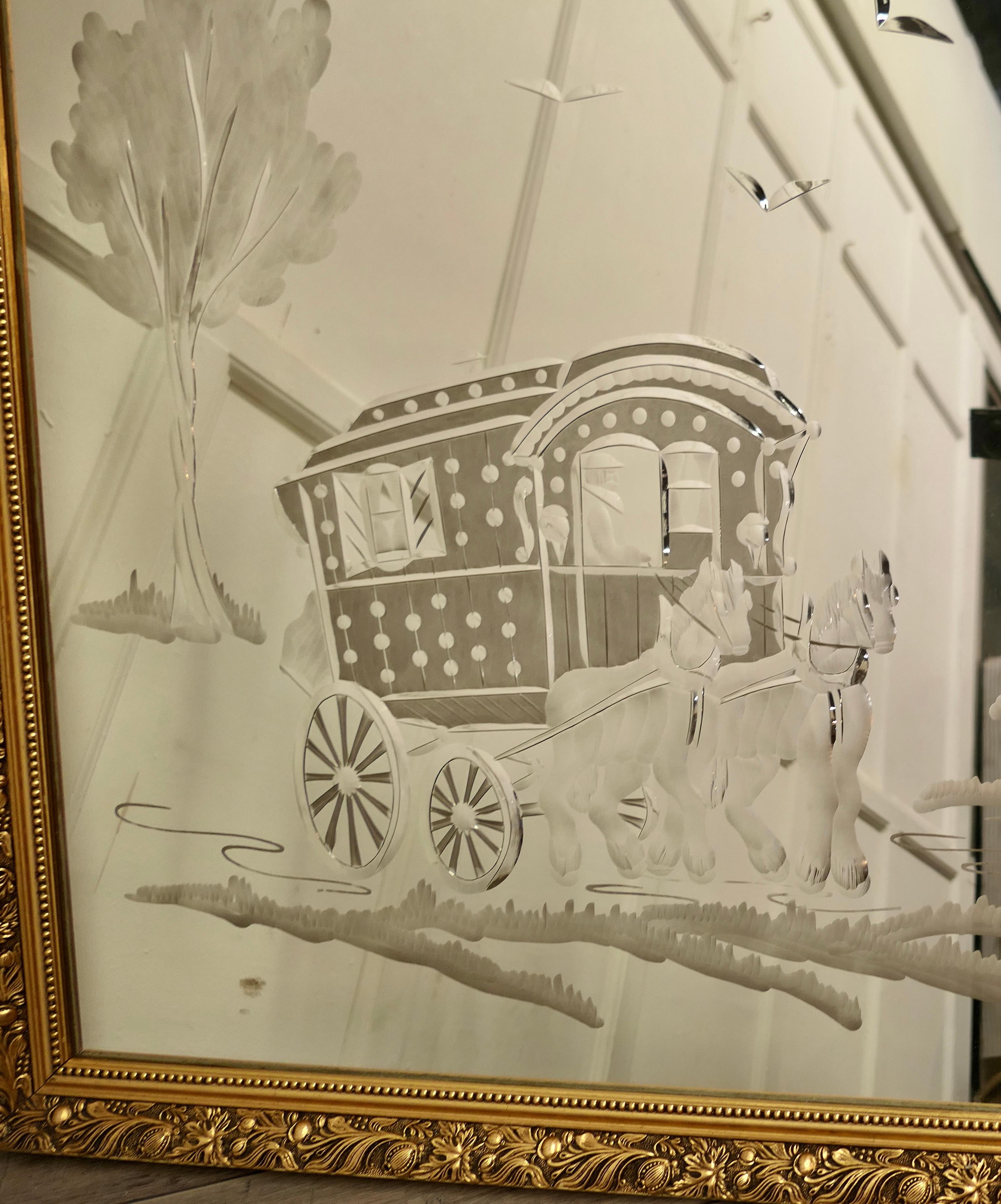 Engraved Mirror, Horse Drawn Romany Caravan a Charming Folk Art Engraved Mirror In Good Condition For Sale In Chillerton, Isle of Wight