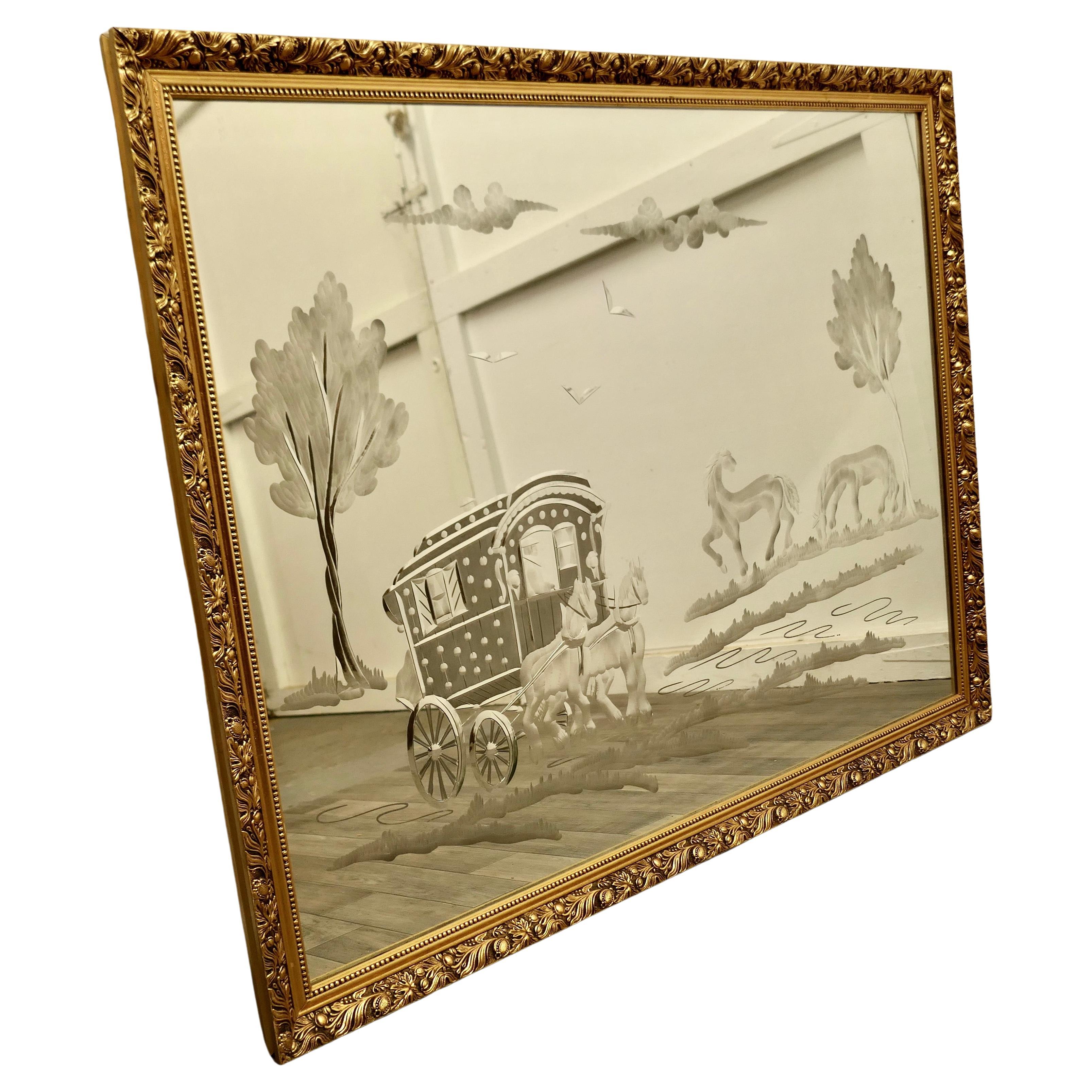 Engraved Mirror, Horse Drawn Romany Caravan a Charming Folk Art Engraved Mirror For Sale