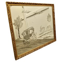 Vintage Engraved Mirror, Horse Drawn Romany Caravan a Charming Folk Art Engraved Mirror
