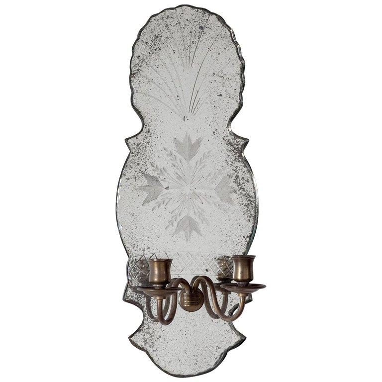 American Engraved Mirrored Sconces with Antique Pewter Arms For Sale