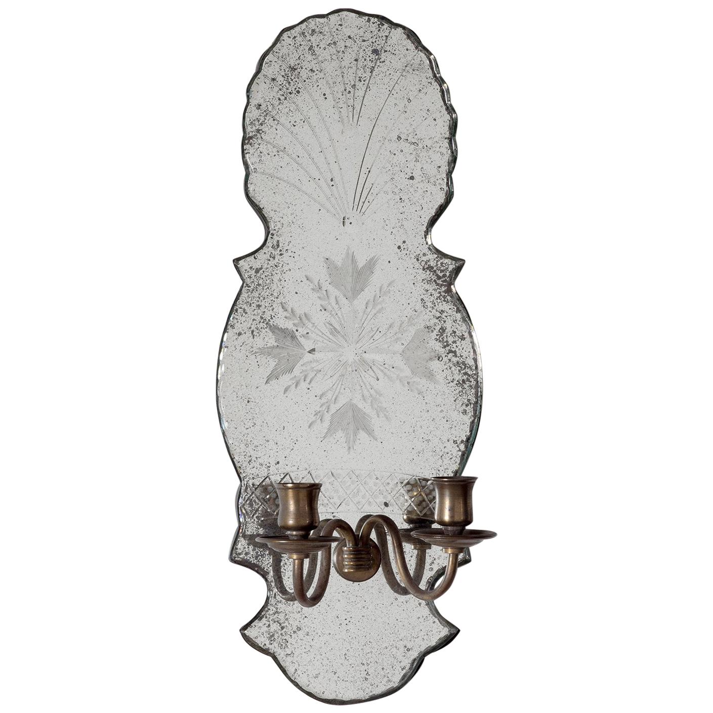 Engraved Mirrored Sconces with Antique Pewter Arms For Sale