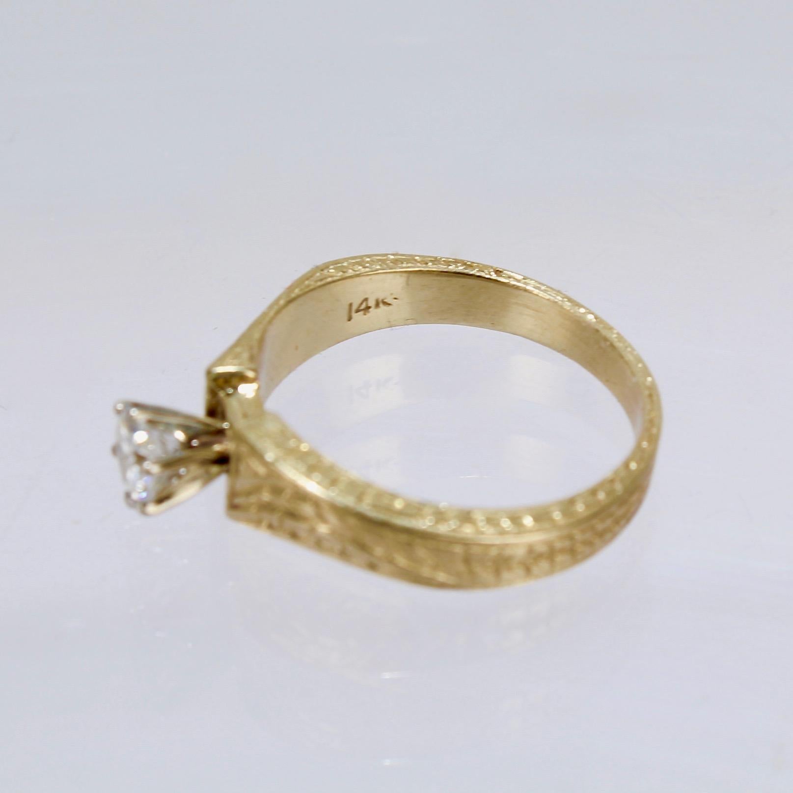 Signed Engraved Modernist 14 Karat Gold & Diamond Solitaire Engagement Ring For Sale 3
