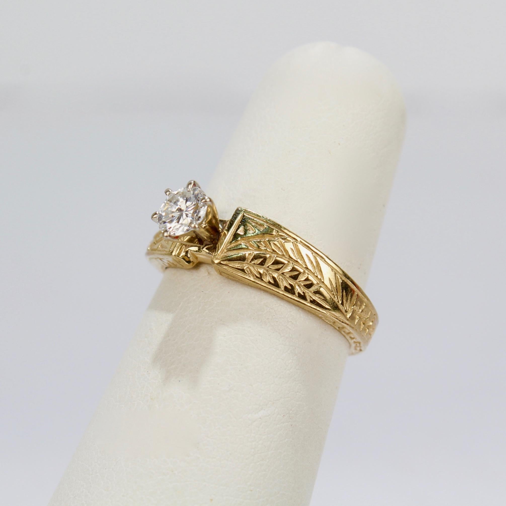 Brilliant Cut Signed Engraved Modernist 14 Karat Gold & Diamond Solitaire Engagement Ring For Sale
