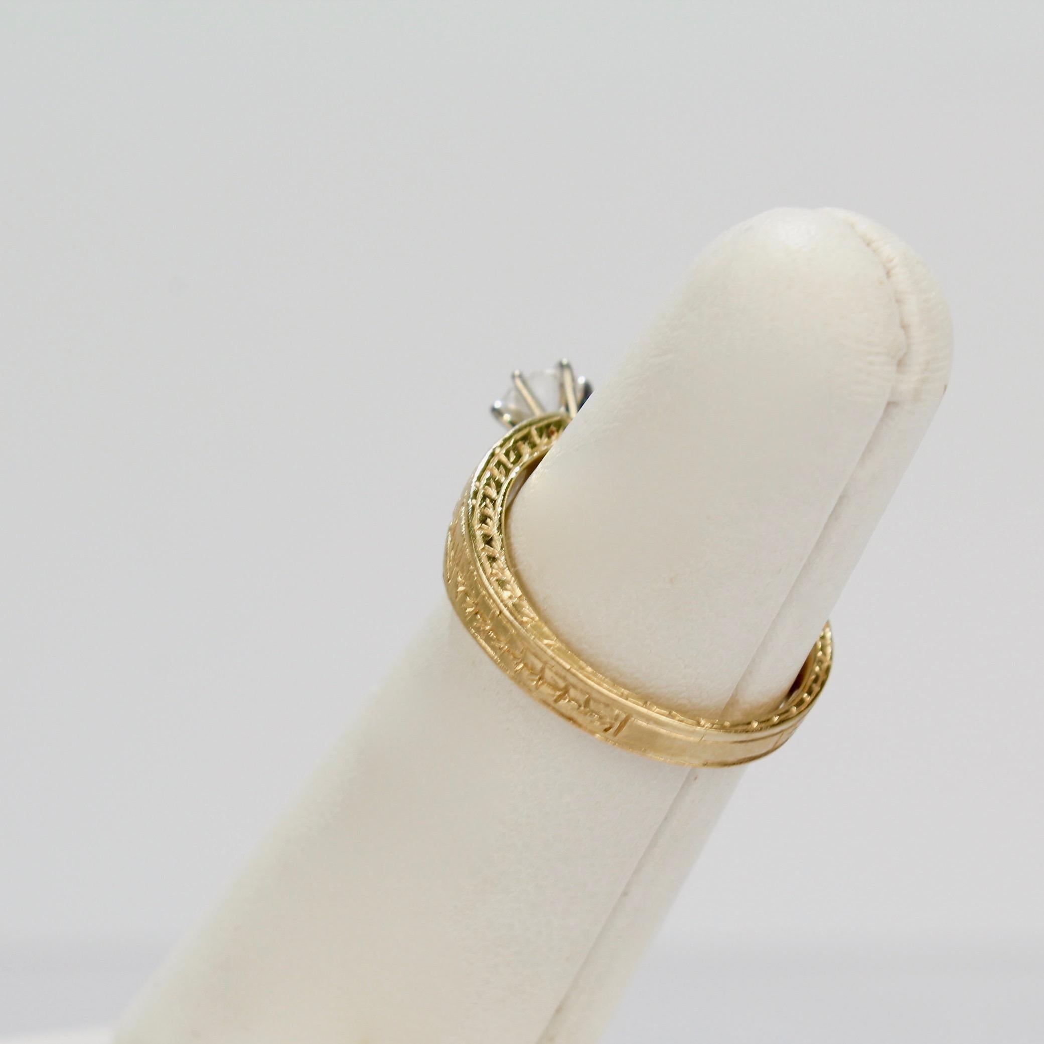 Women's Signed Engraved Modernist 14 Karat Gold & Diamond Solitaire Engagement Ring For Sale