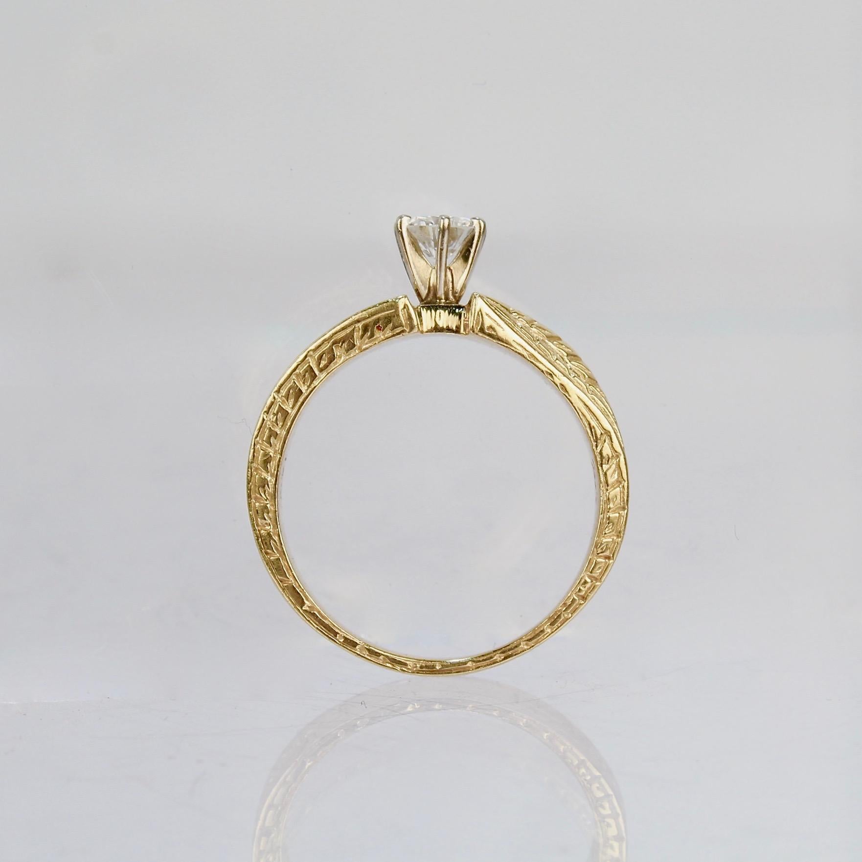 Signed Engraved Modernist 14 Karat Gold & Diamond Solitaire Engagement Ring For Sale 1