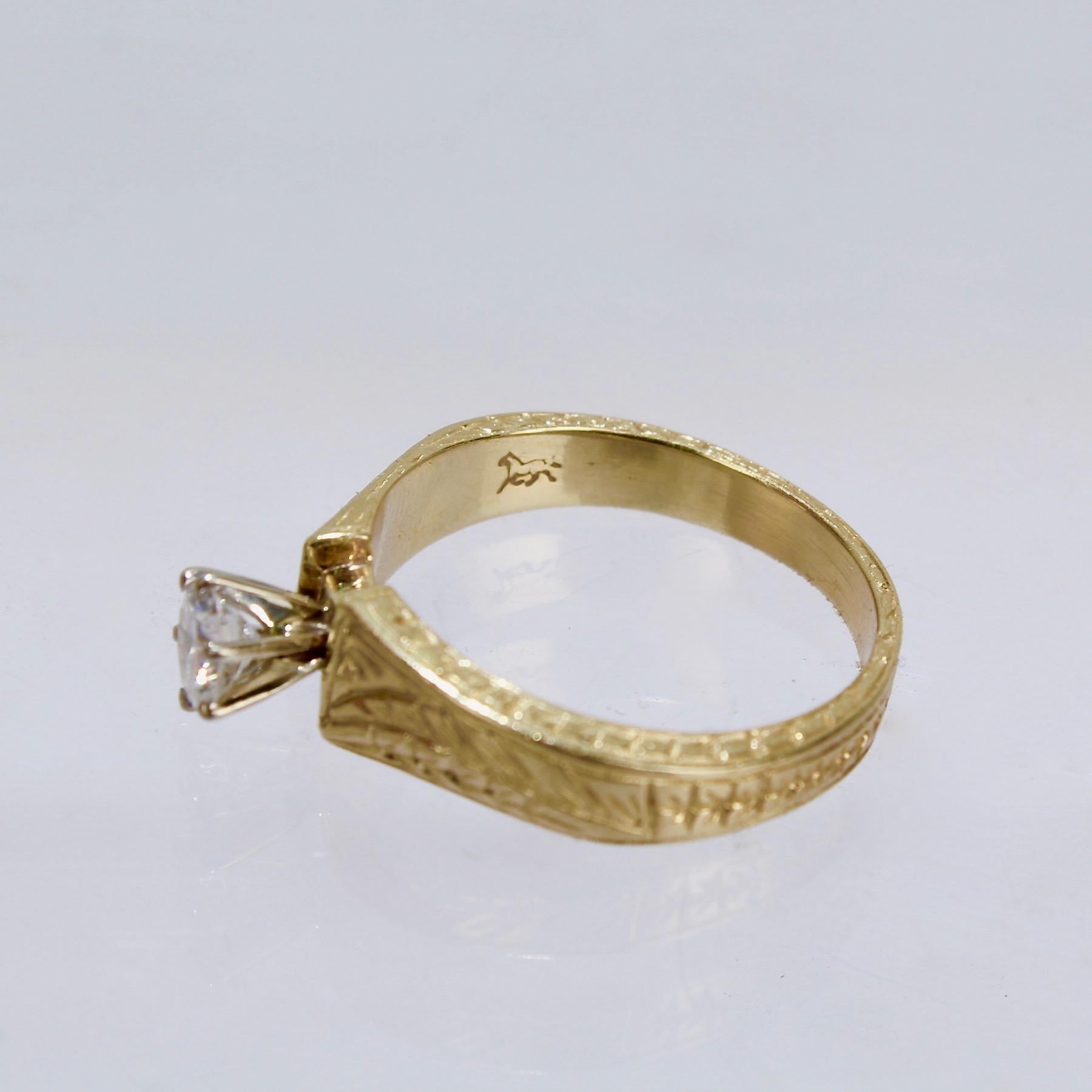 Signed Engraved Modernist 14 Karat Gold & Diamond Solitaire Engagement Ring For Sale 2