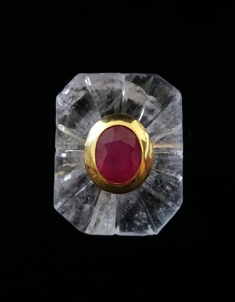 Engraved Octagon Shape Rock Crystal Faceted Oval Ruby 14 Kt Yellow Gold Ring For Sale 4