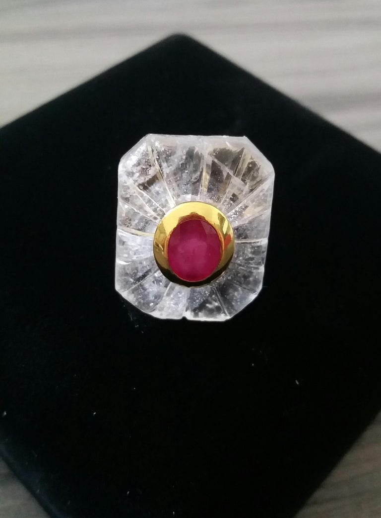 Engraved Octagon Shape Rock Crystal Faceted Oval Ruby 14 Kt Yellow Gold Ring For Sale 5