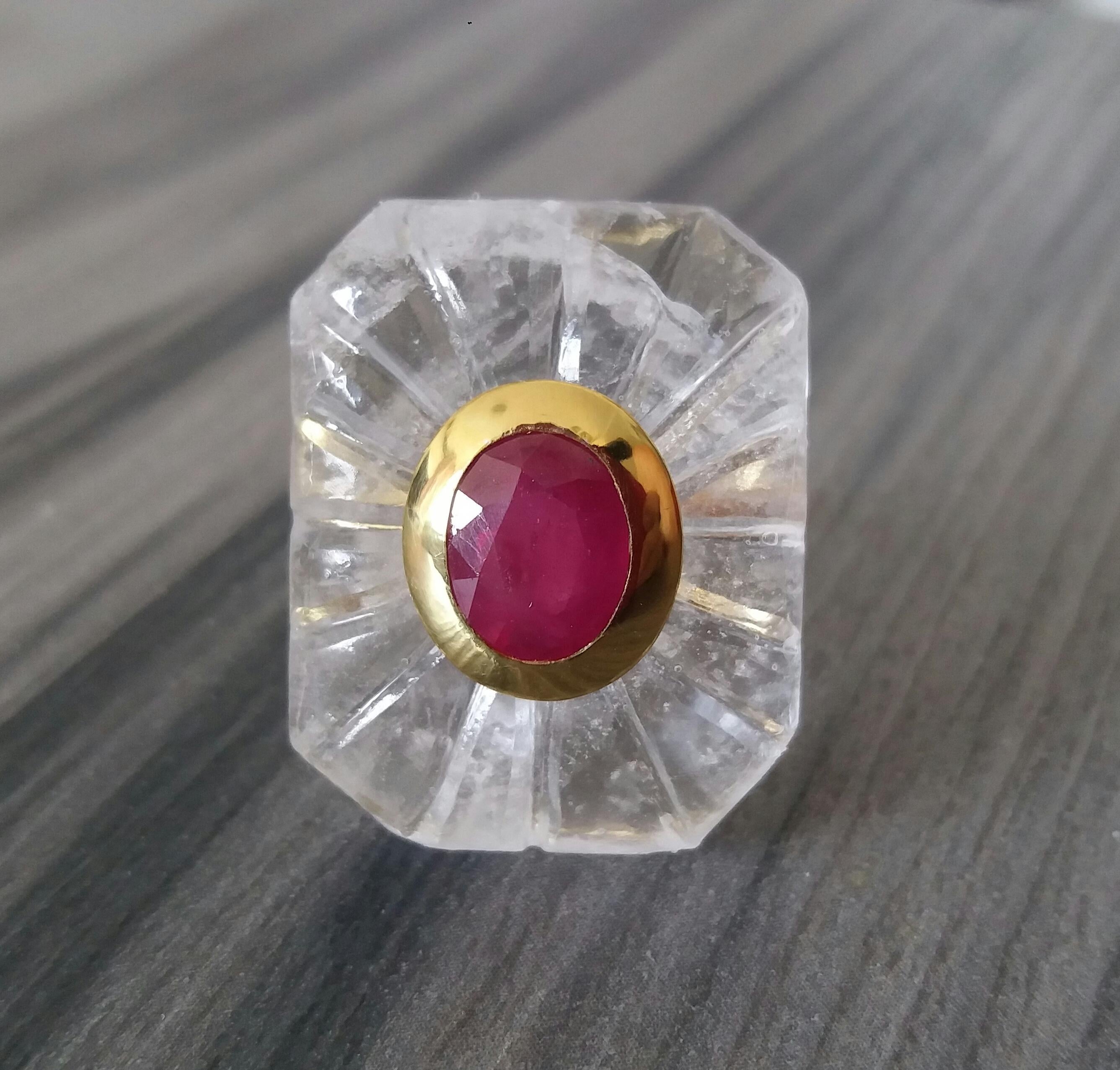 Contemporary Engraved Octagon Shape Rock Crystal Faceted Oval Ruby 14 Kt Yellow Gold Ring For Sale