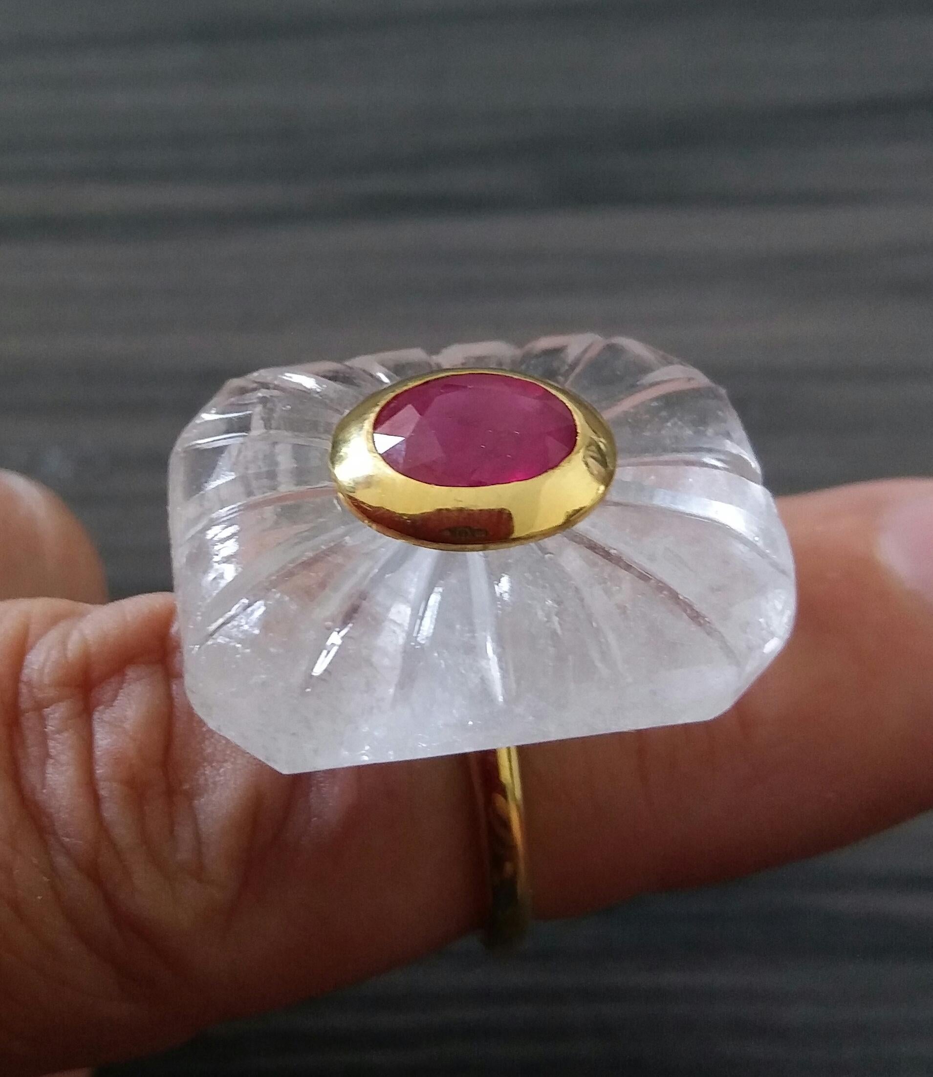 Octagon Cut Engraved Octagon Shape Rock Crystal Faceted Oval Ruby 14 Kt Yellow Gold Ring For Sale