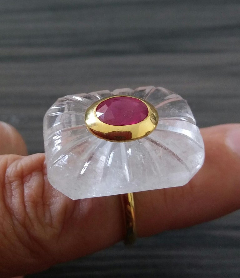 Engraved Octagon Shape Rock Crystal Faceted Oval Ruby 14 Kt Yellow Gold Ring For Sale 1