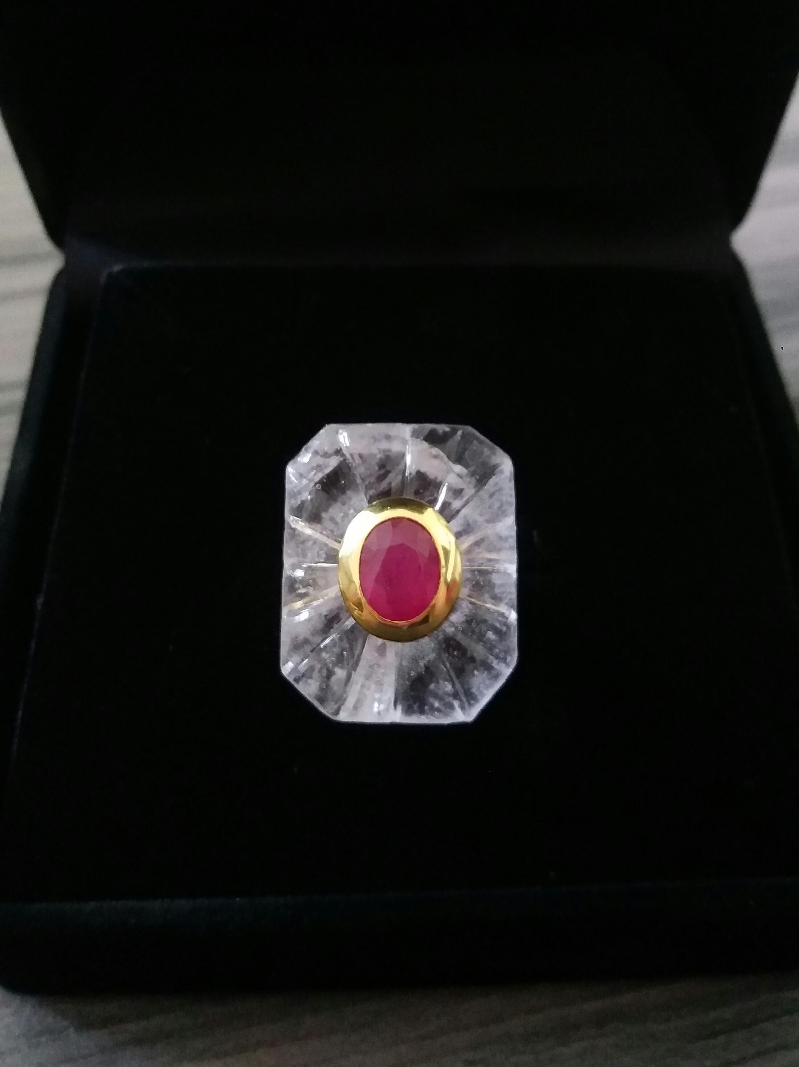 Women's Engraved Octagon Shape Rock Crystal Faceted Oval Ruby 14 Kt Yellow Gold Ring For Sale