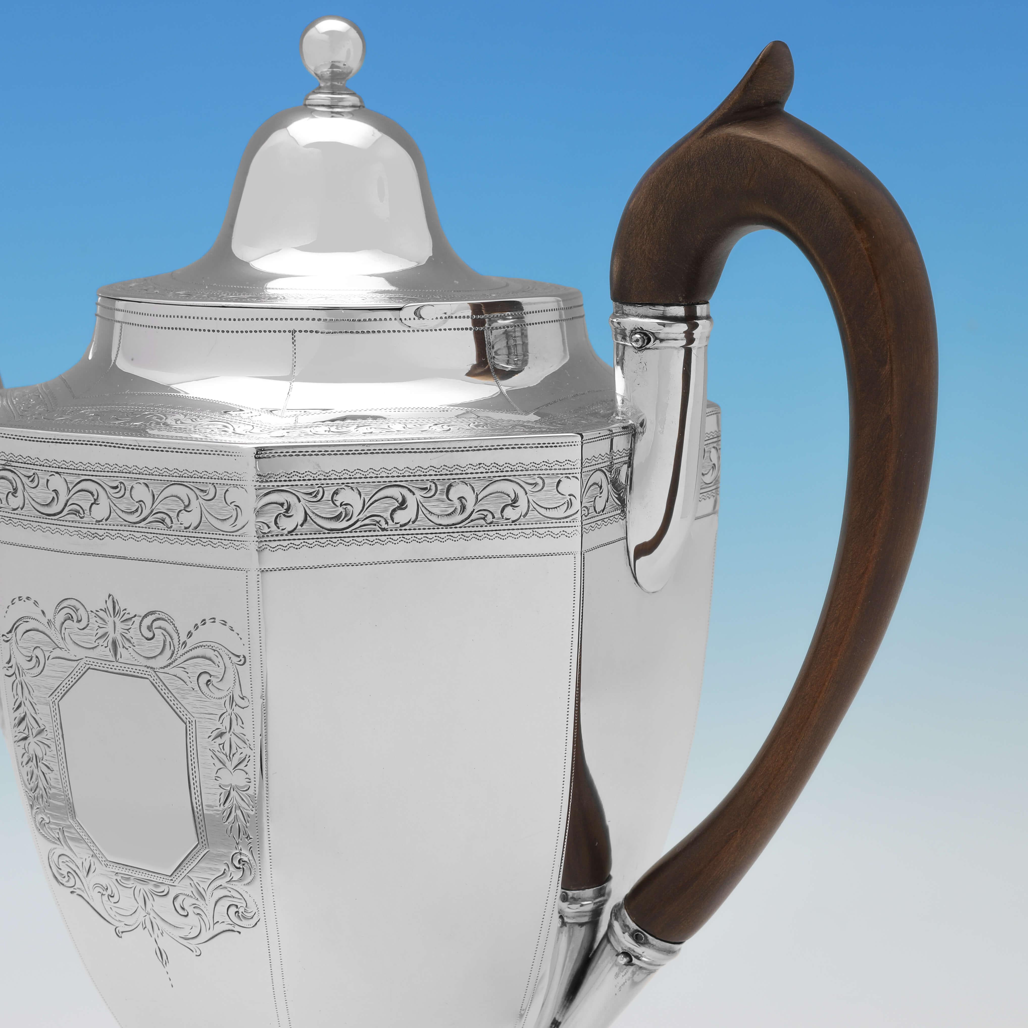 English Engraved & Octagonal George III Period Sterling Silver Coffee Pot - London 1801 For Sale