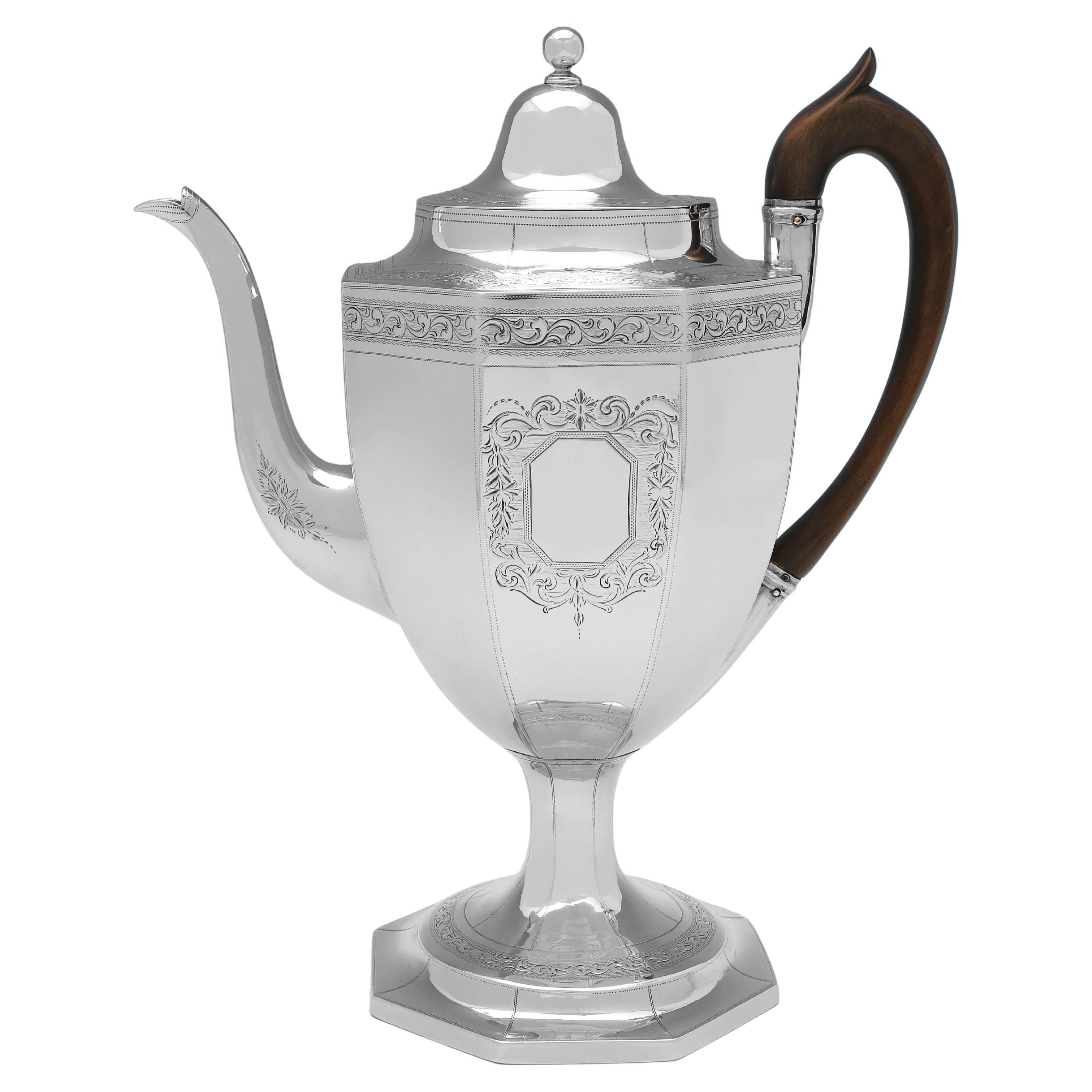 Engraved & Octagonal George III Period Sterling Silver Coffee Pot - London 1801