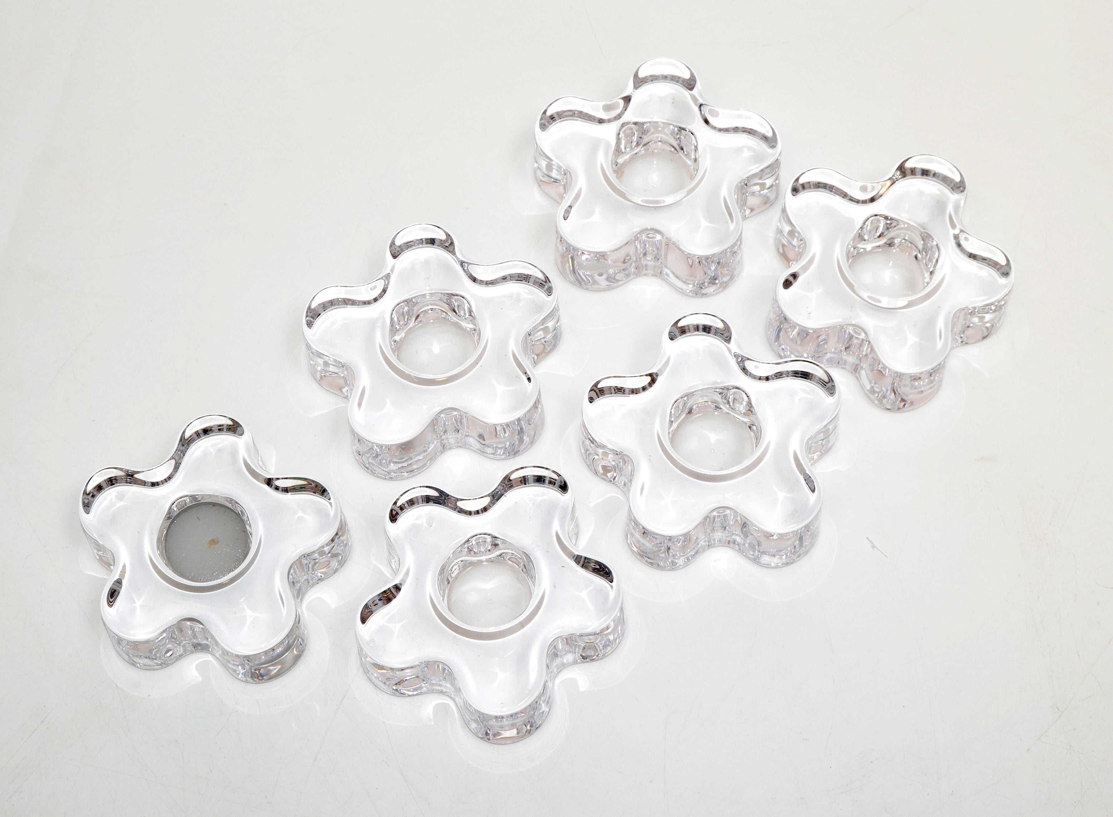 Engraved Orrefors Molded Crystal Flower Candle Holders Erika Lagerbielke, Six For Sale 2
