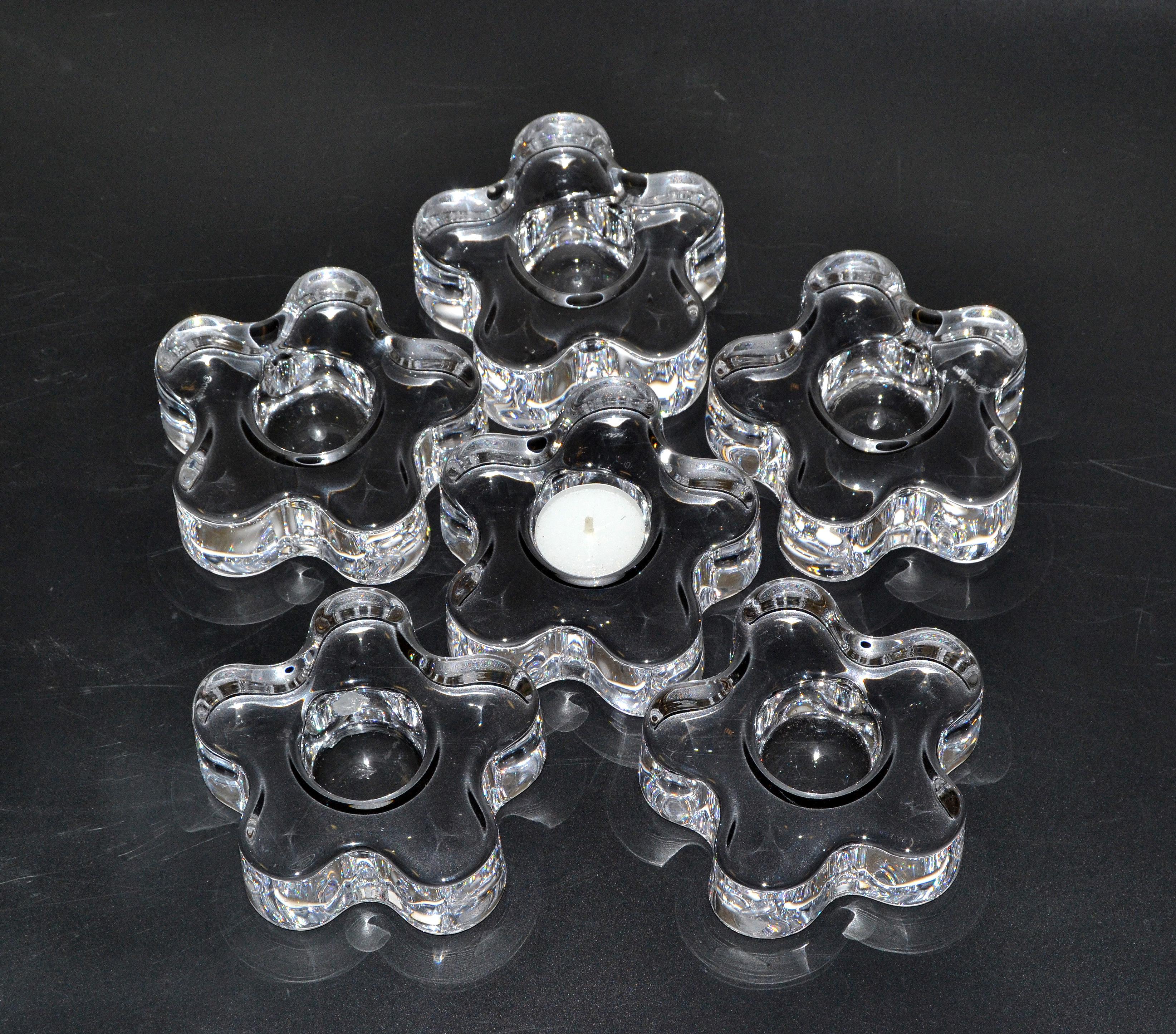 Mid-Century Modern Engraved Orrefors Molded Crystal Flower Candle Holders Erika Lagerbielke, Six For Sale