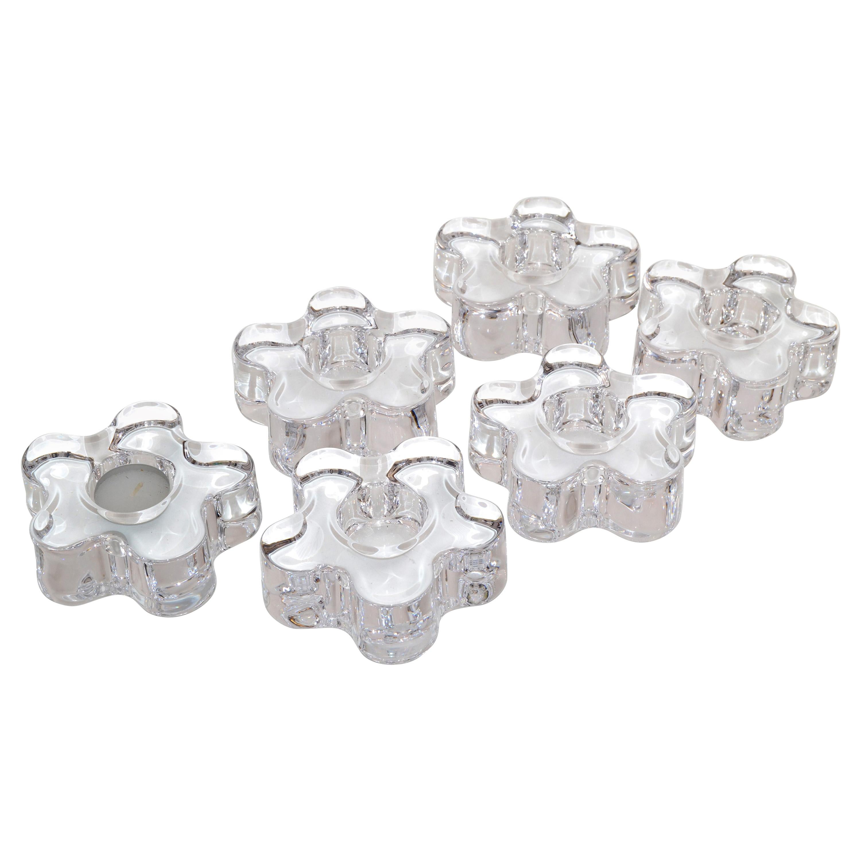 Engraved Orrefors Molded Crystal Flower Candle Holders Erika Lagerbielke, Six