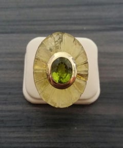 Engraved Oval Shape Lemon Quartz Cab Faceted Oval Peridot 14 Kt Yellow Gold Ring