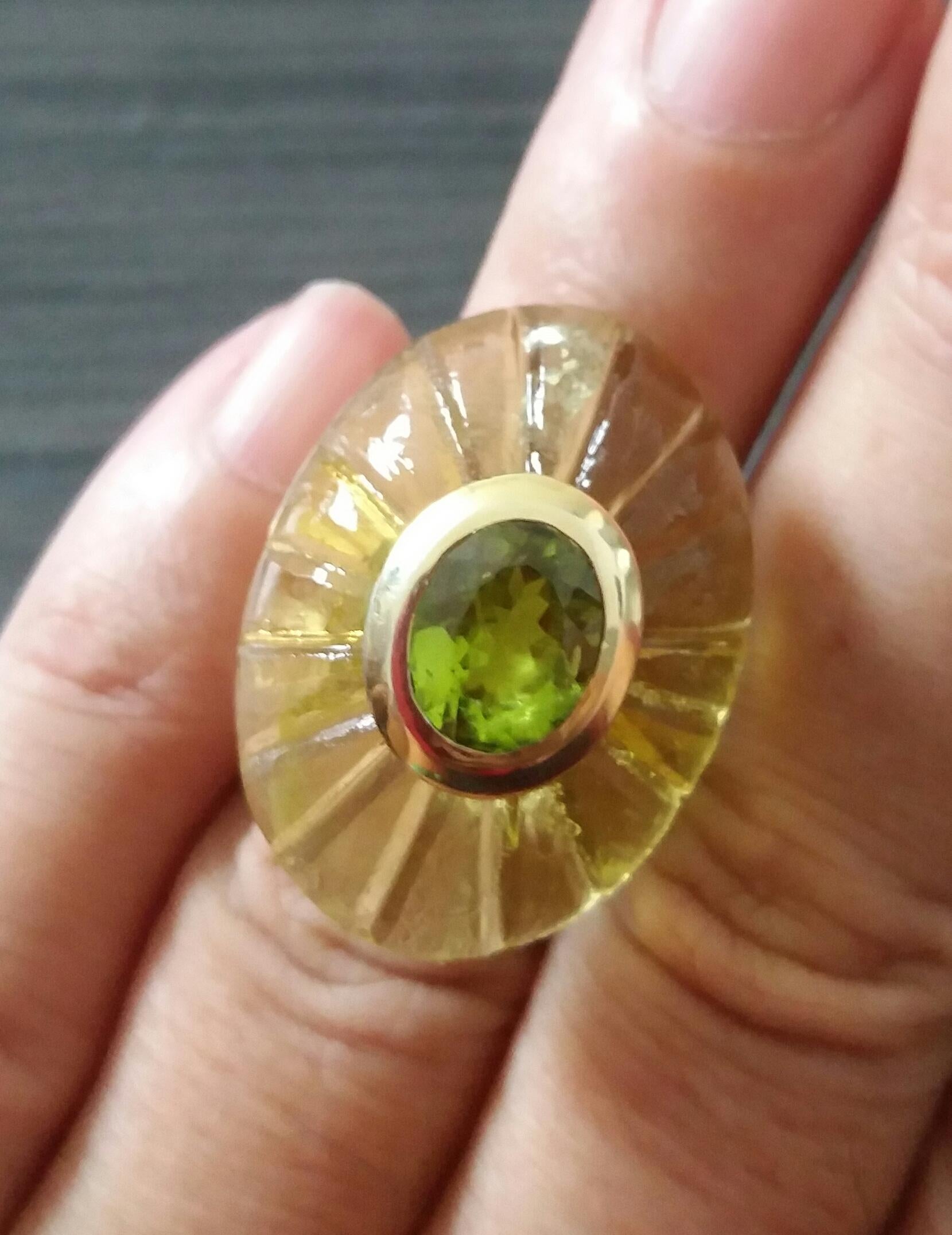 Oval Cut Engraved Oval Shape Lemon Quartz Cab Faceted Oval Peridot 14 Kt Yellow Gold Ring For Sale