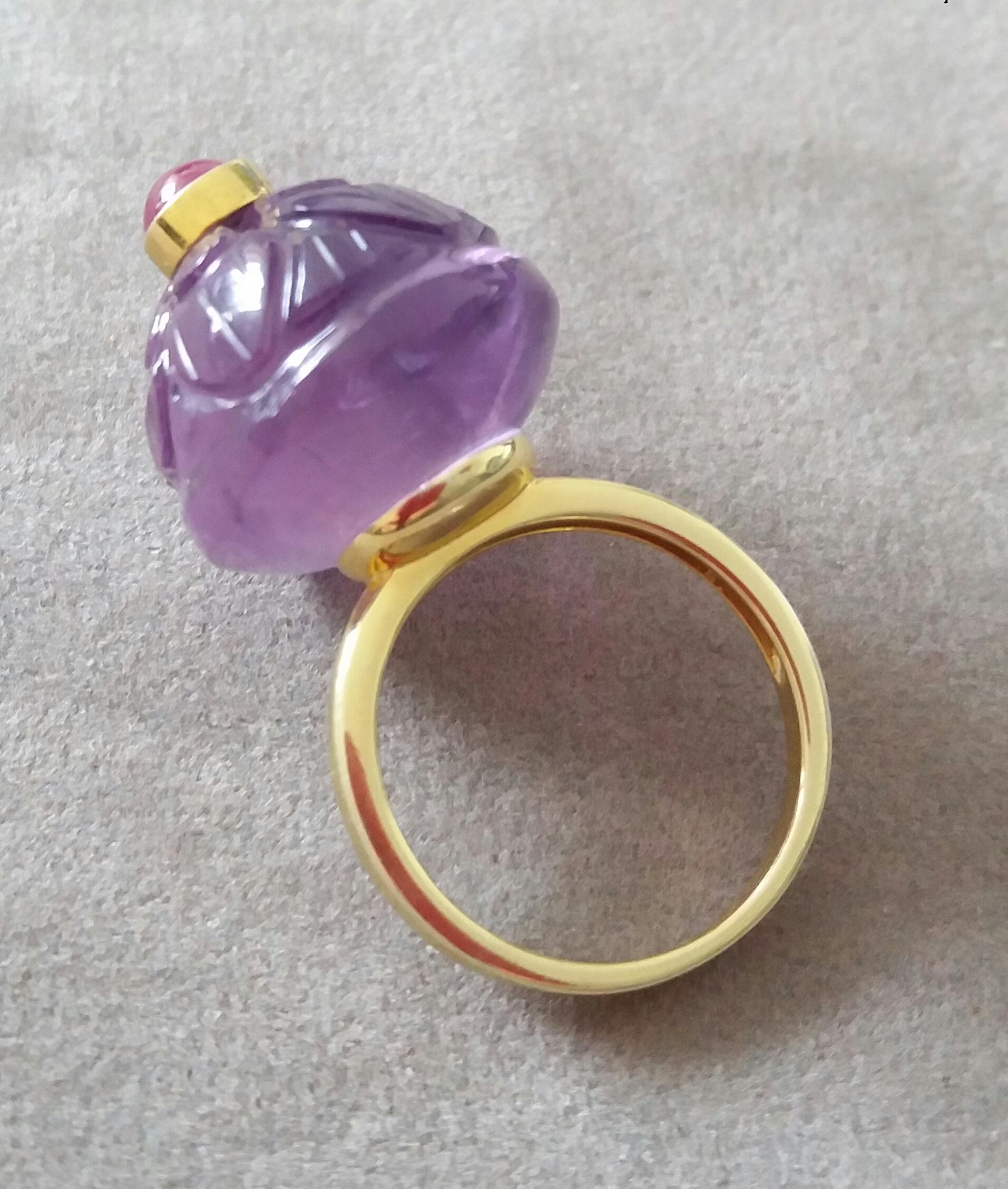 Mixed Cut Engraved Oval Shape Natural Amethyst Round Ruby Cabochon Gold Cocktail Ring For Sale