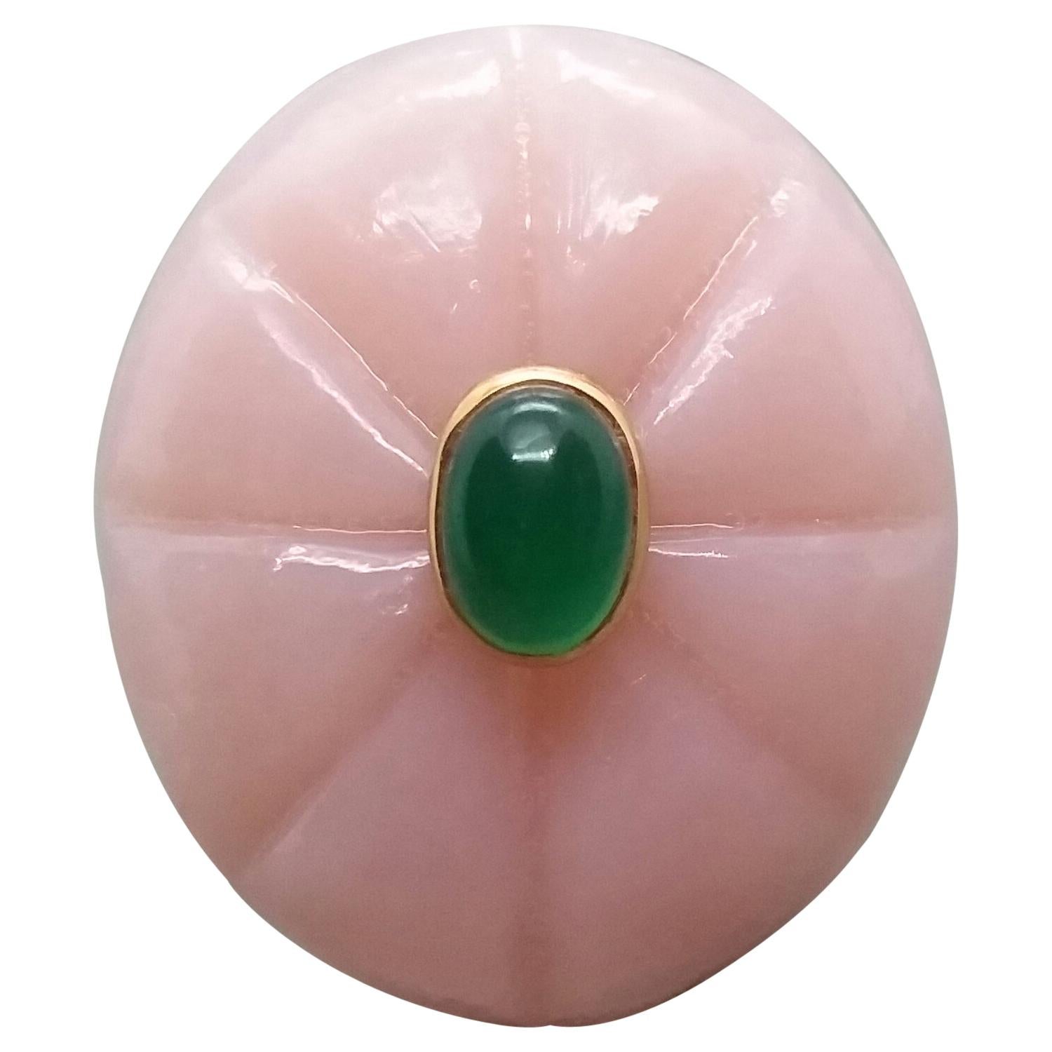 Engraved Oval Shape Natural Pink Opal Oval Emerald Cab Yellow Gold