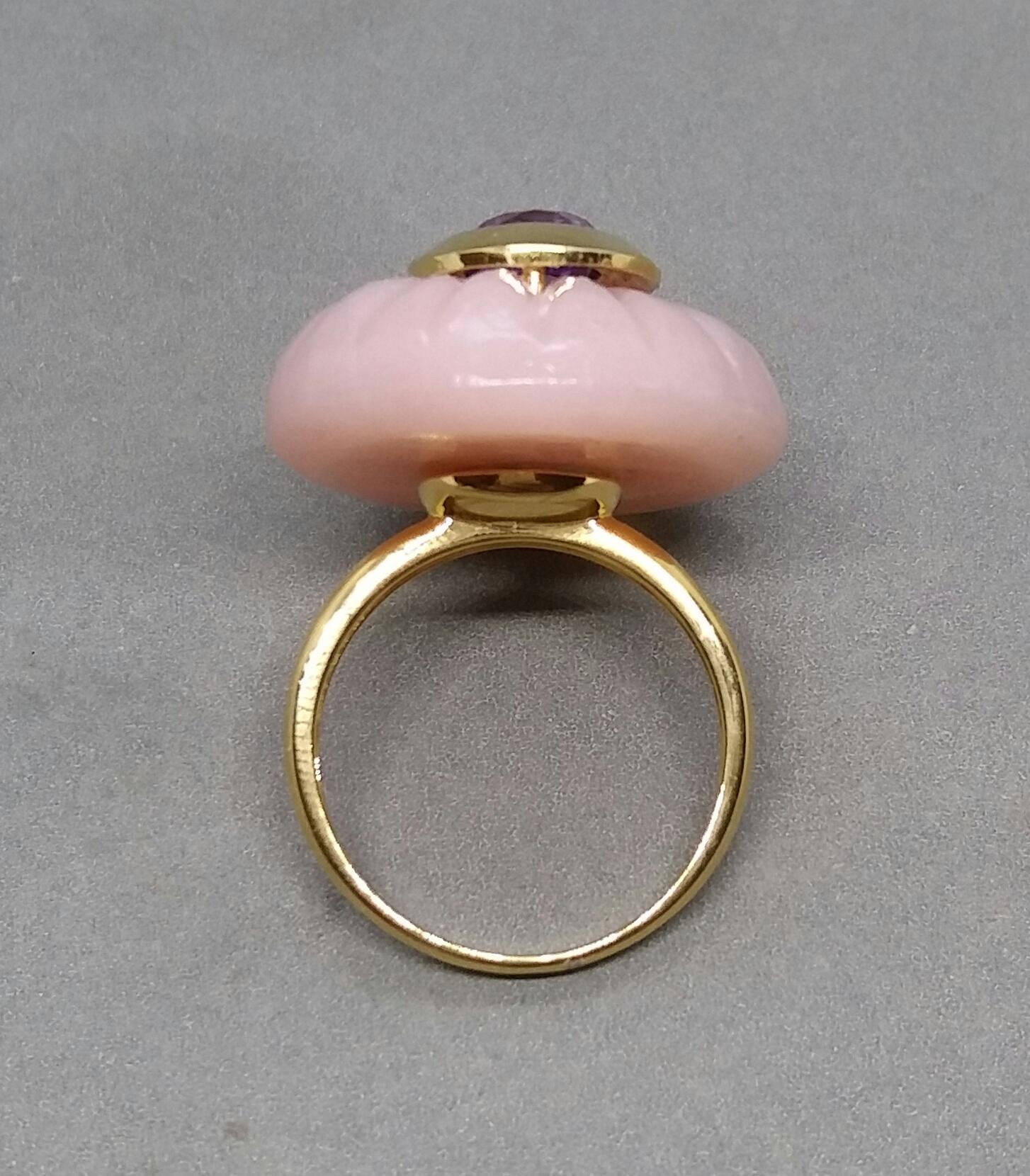 Gravur Oval Form natürlichen rosa Opal Oval Facettierter Amethyst Gelbgold im Angebot 4