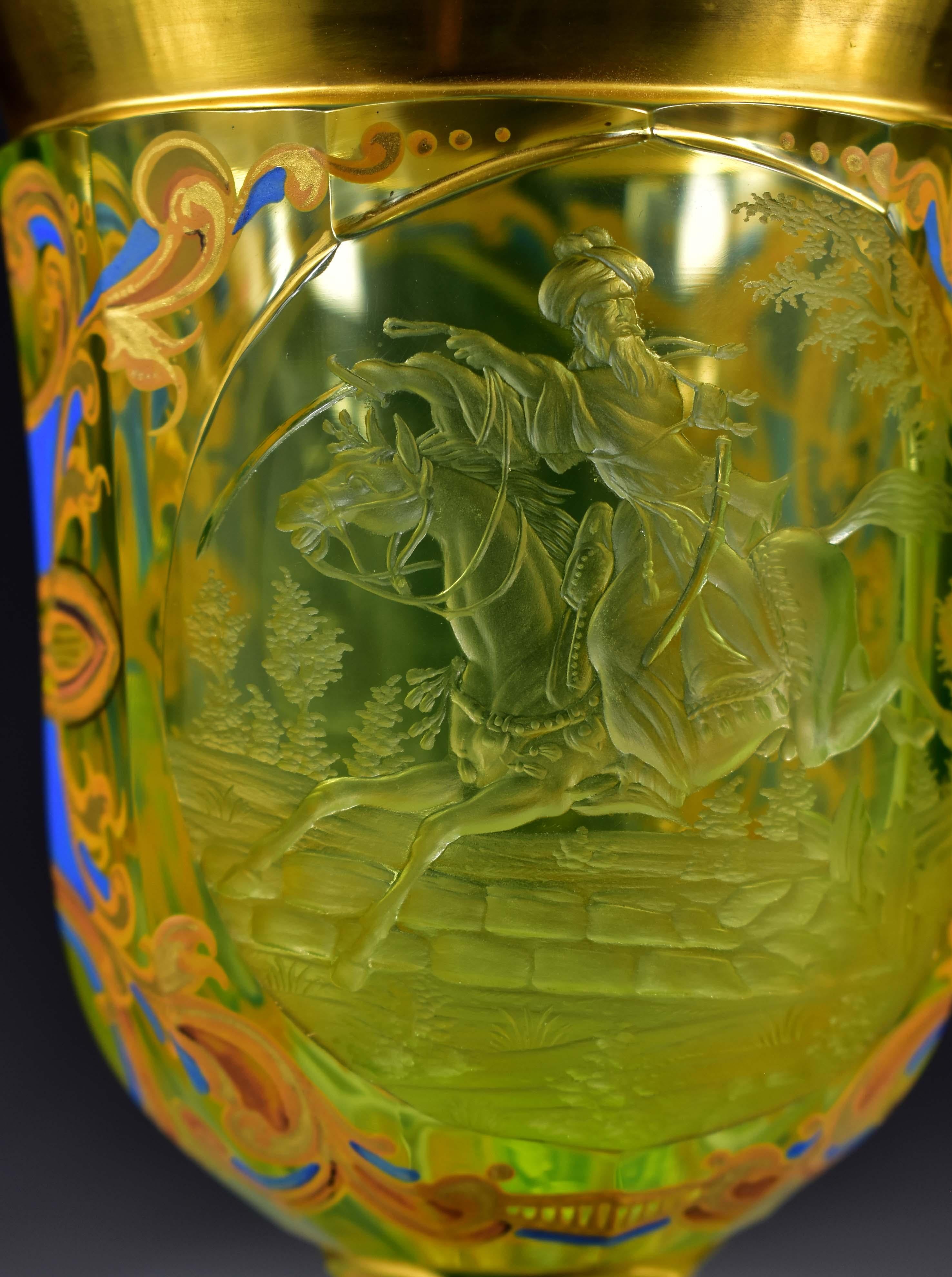 Engraved Painted Goblet -  Uranium glass - Bohemian glass 19-20 centuries 3