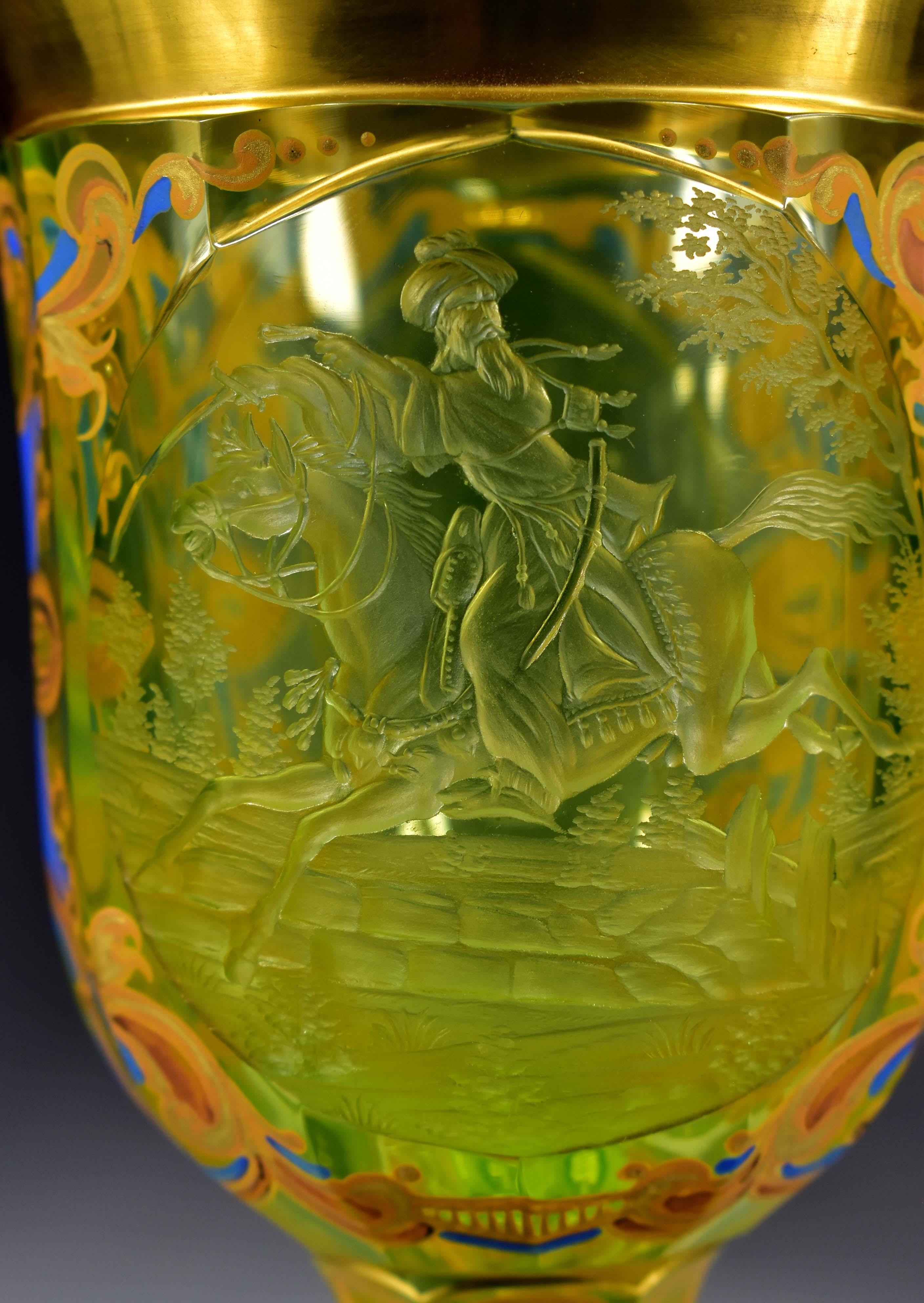 Engraved Painted Goblet -  Uranium glass - Bohemian glass 19-20 centuries 4