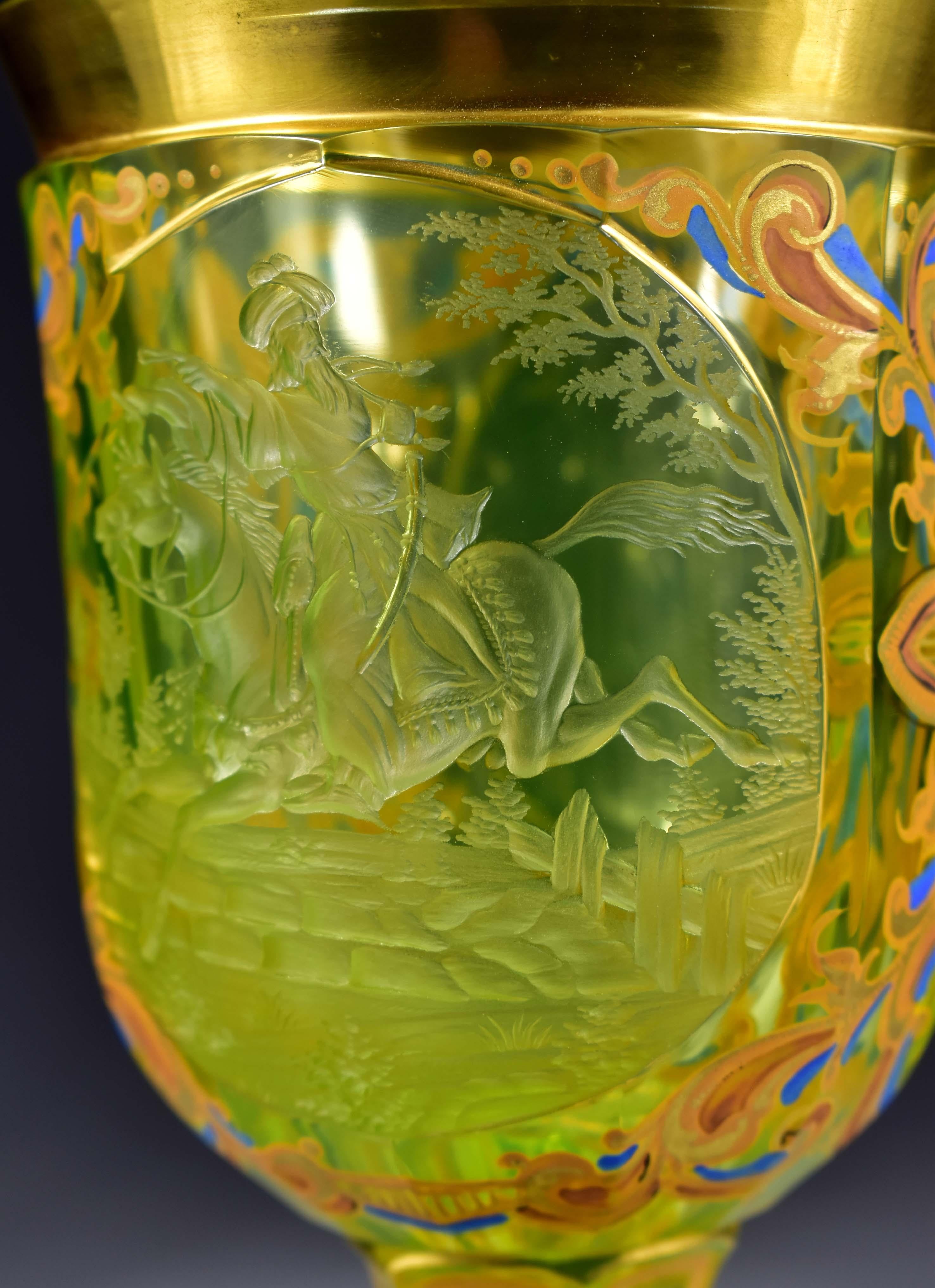 Engraved Painted Goblet -  Uranium glass - Bohemian glass 19-20 centuries 5