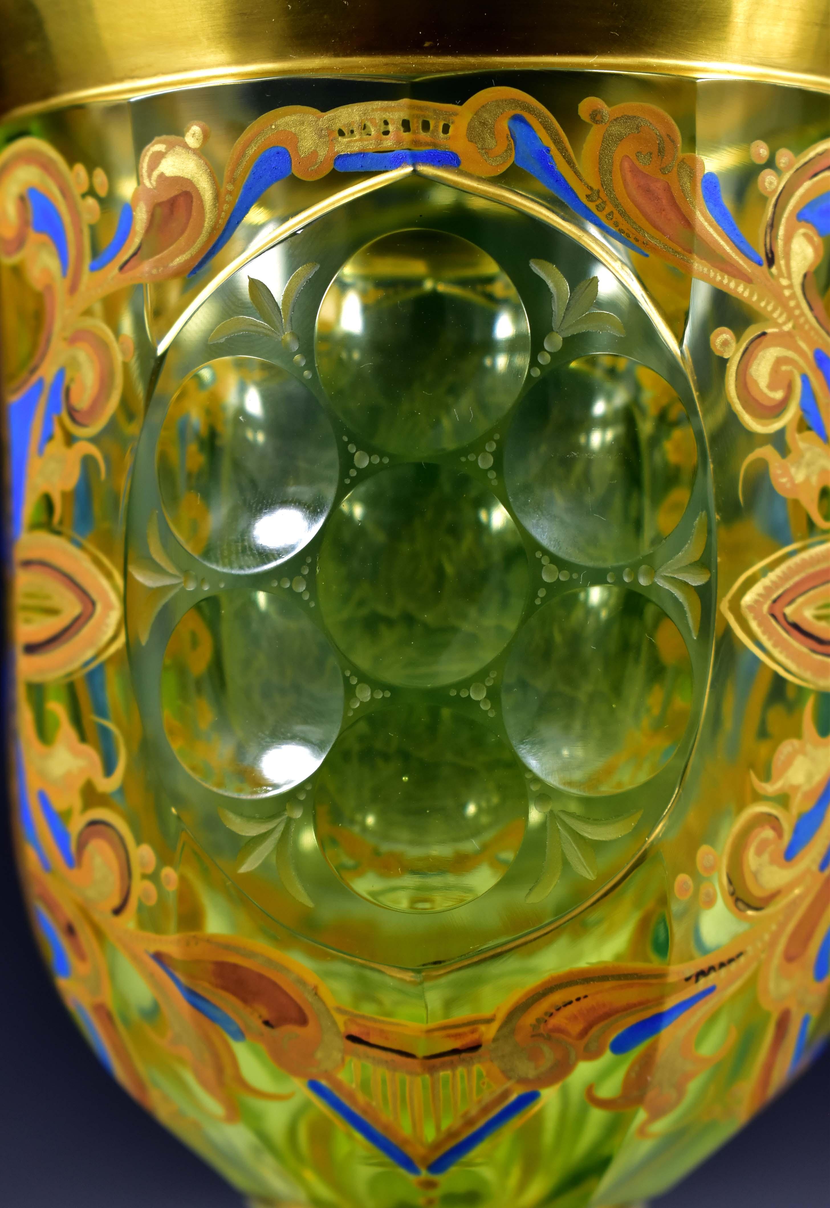 Engraved Painted Goblet -  Uranium glass - Bohemian glass 19-20 centuries 6