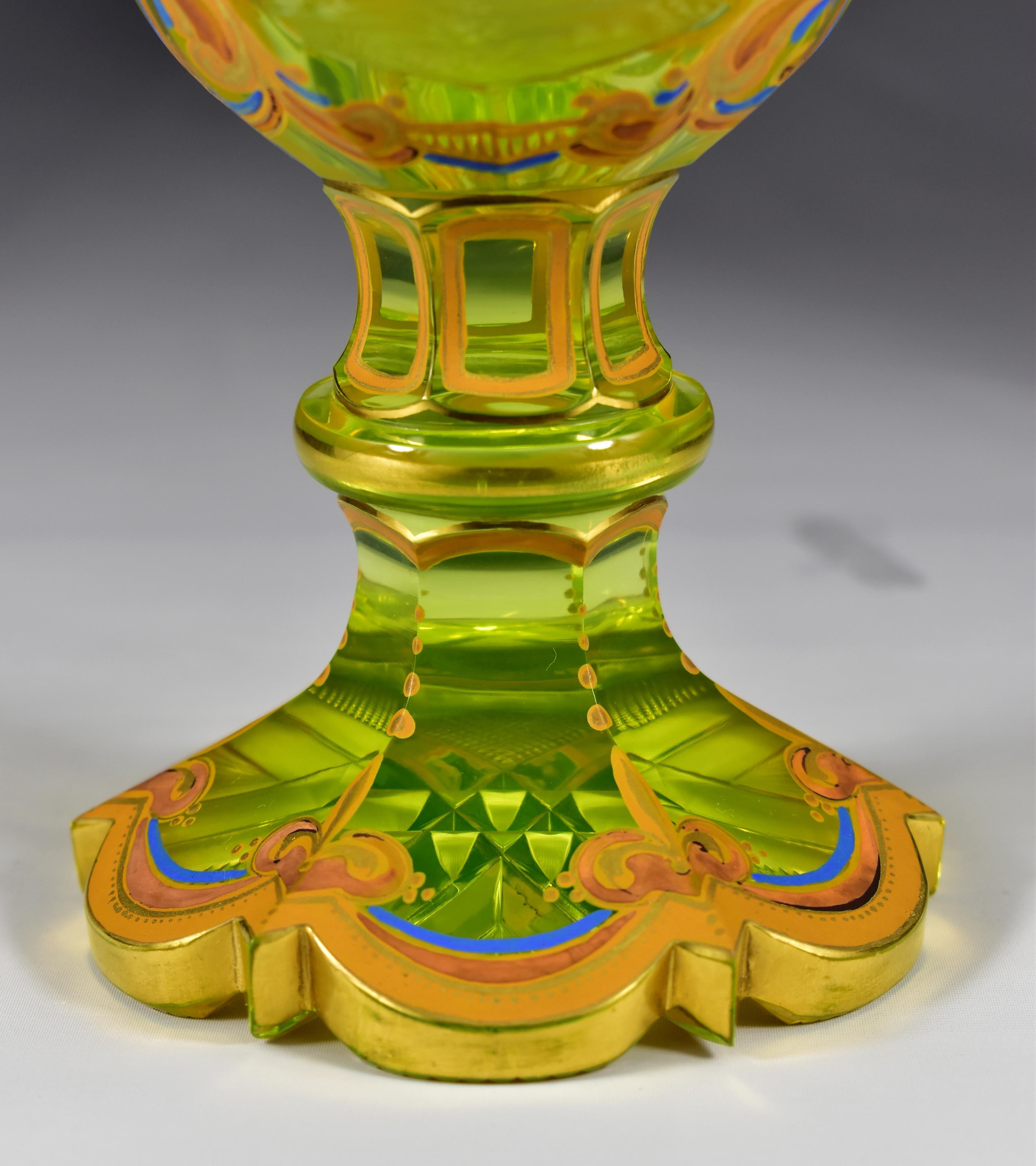 Engraved Painted Goblet -  Uranium glass - Bohemian glass 19-20 centuries 7