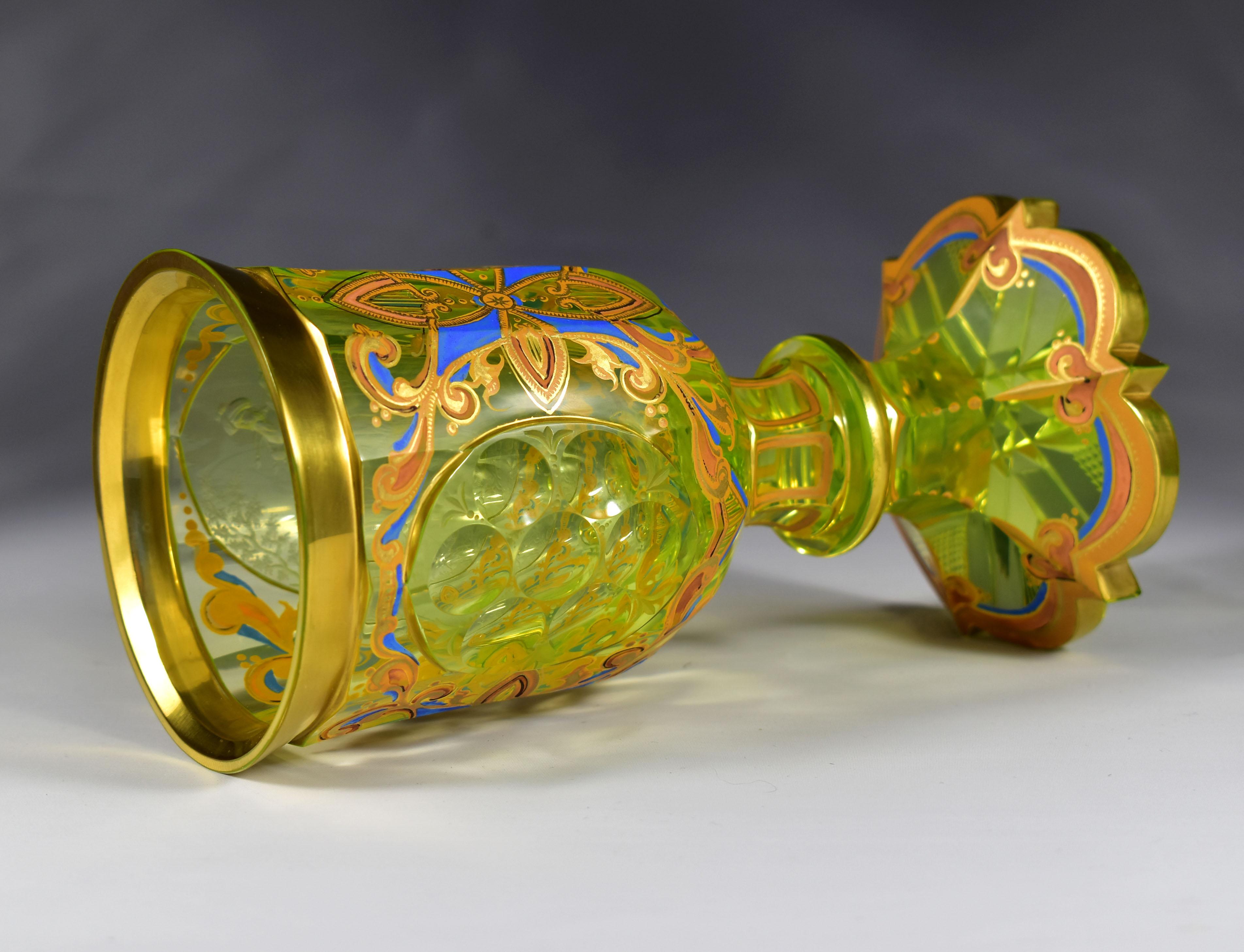 Engraved Painted Goblet -  Uranium glass - Bohemian glass 19-20 centuries 9